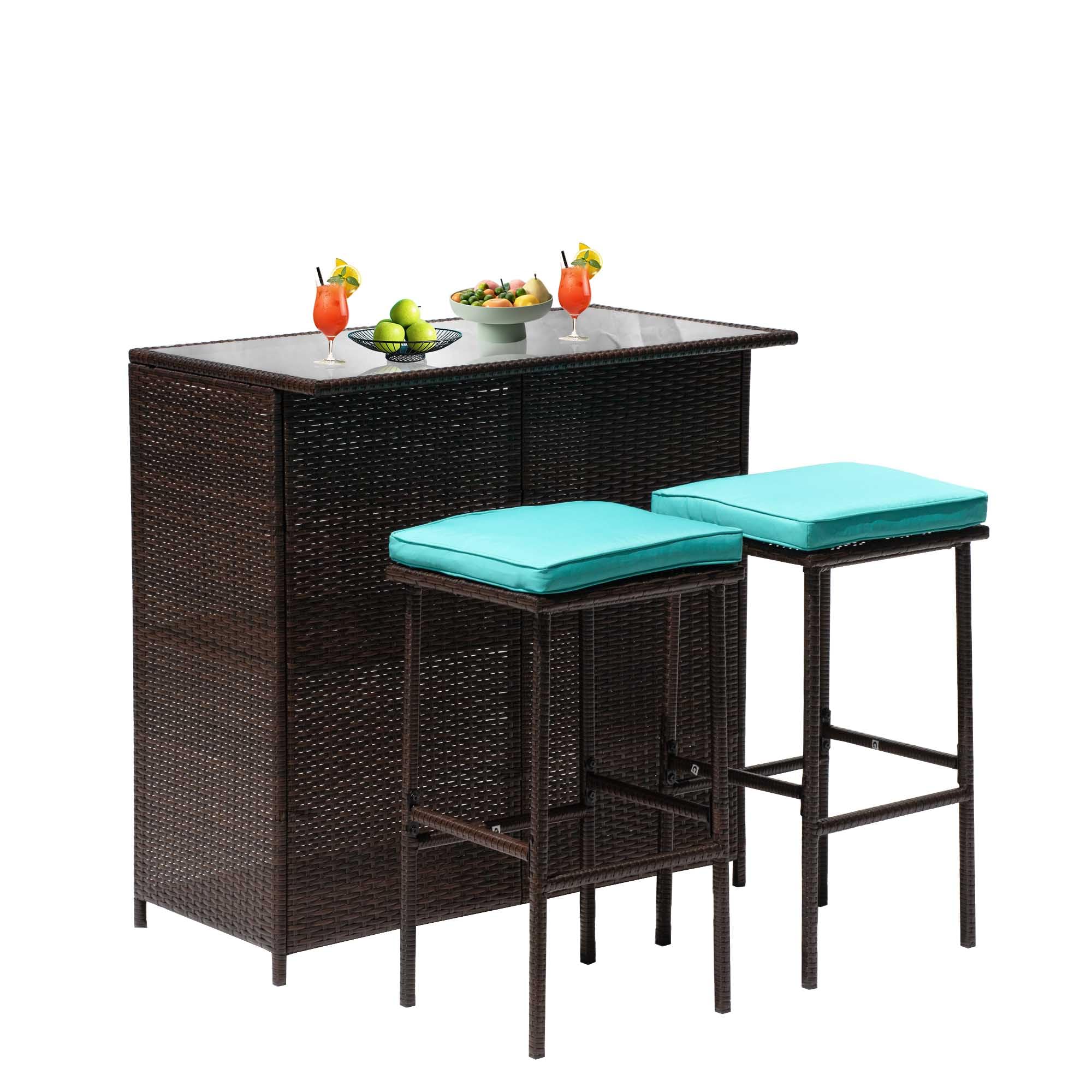 3-Piece Outdoor Bar Set - Wicker Counter Height Table with Glass Top & 2 Bar Stools - Patio, Poolside, Porch Furniture for Indoor/Outdoor Use - Blue Rattan Dining Set Perfect for Backyard Entertaining & Relaxation