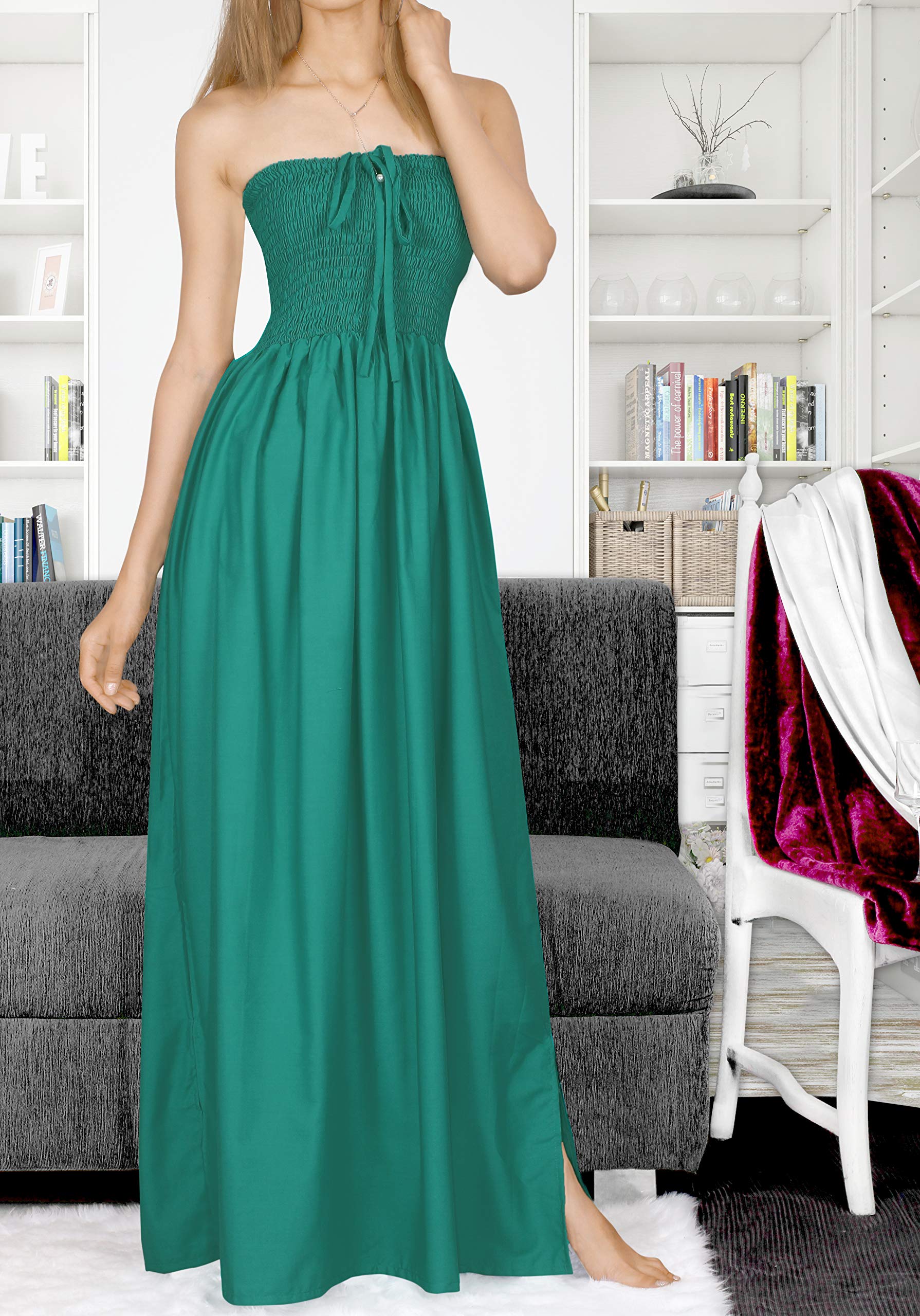LA LEELA Women's Tube Maxi Dress - Solid Color Smock Style Summer Beach Dress for Vacation, Party & Casual Wear