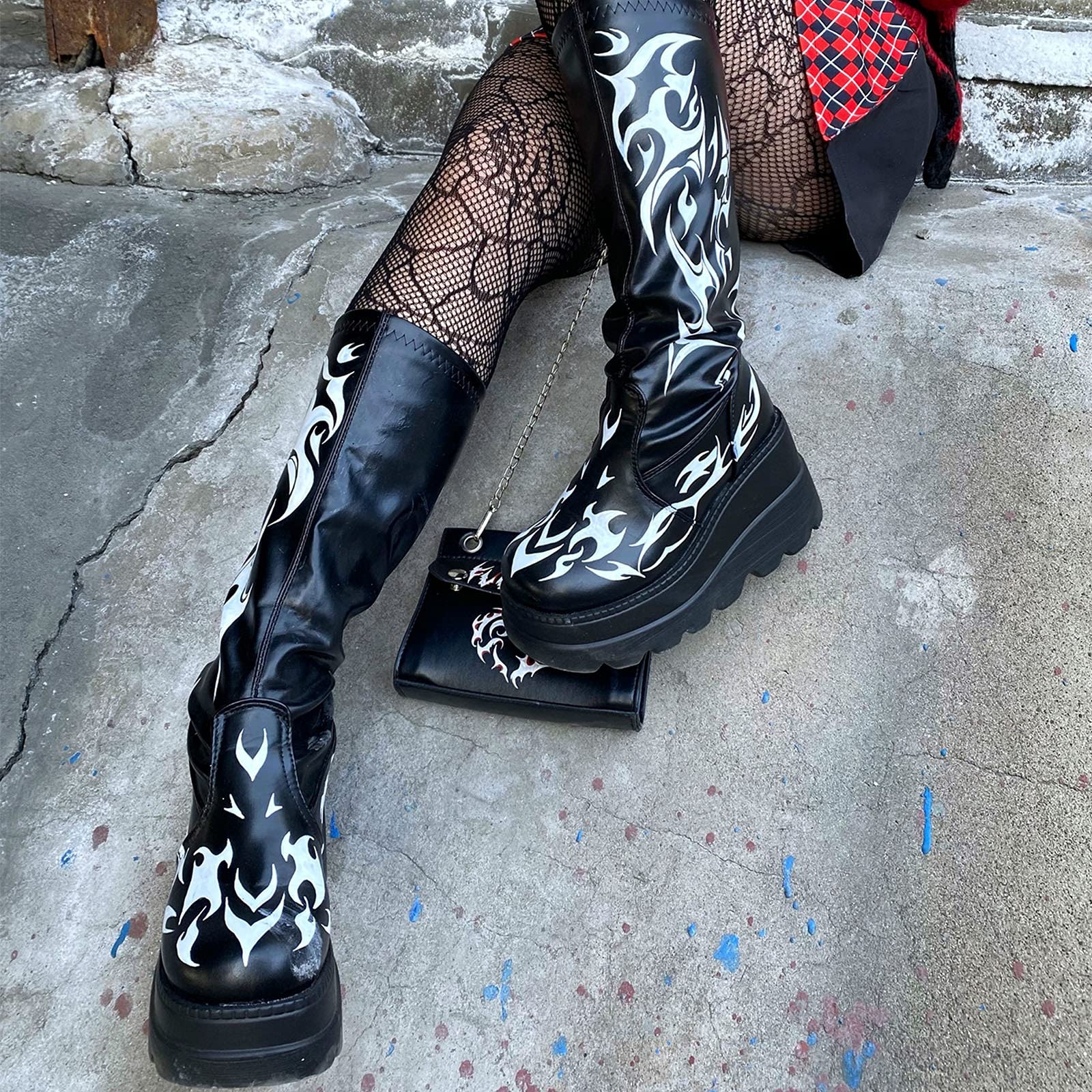 Erocalli Women's Gothic Platform Wedge Heel Mid Calf Boots - Combat & Motorcycle Style Boots for Punk, Rock, and Gothic Fashion Outfits
