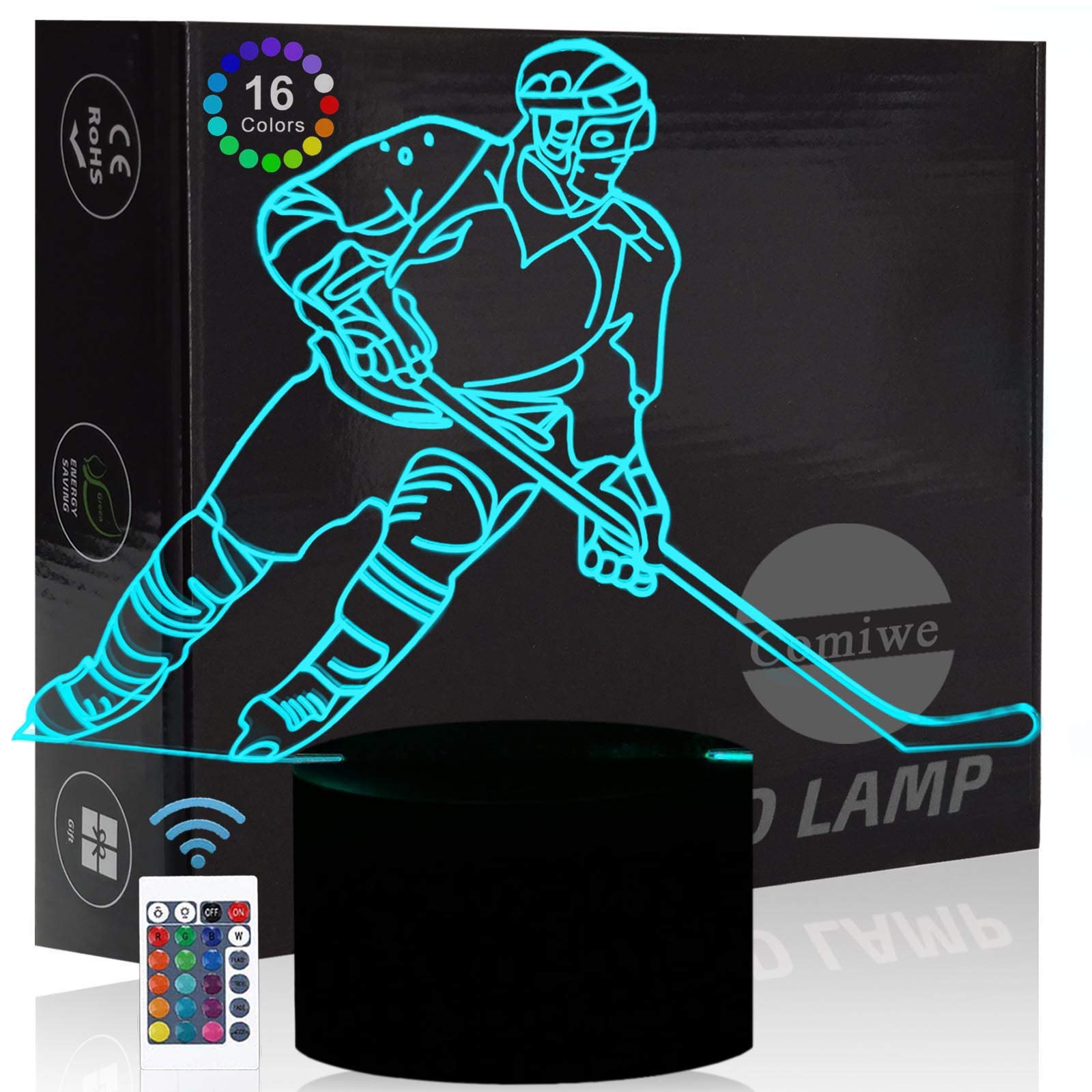 3D Illusion Ice Hockey Night Light with 16 Color Changing Modes - Smart Touch & Remote Control LED Bedside Lamp for Home Decor - Perfect Christmas & Birthday Gift for Kids, Adults, Friends & Family - Ideal for Bedrooms, Nurseries, Game Rooms, and Holiday Decorations