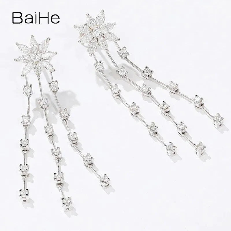 BAIHE 18K White Gold H/SI Natural Diamond Flower Stud Earrings for Women | Trendy Wedding & Party Jewelry | Elegant Floral Earrings for Everyday Wear & Special Occasions