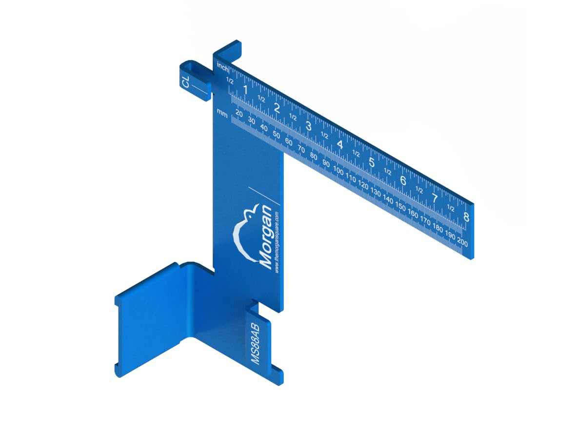 Kiwi Vision Morgan Square Blue 8-inch Measuring & Marking Tool - Centerline Mark, 1 1/2 Tongue, Pencil Holder - Imperial & Metric Scales - Compatible with Standard Tape Measures - Perfect for Woodworking, Carpentry & DIY Projects