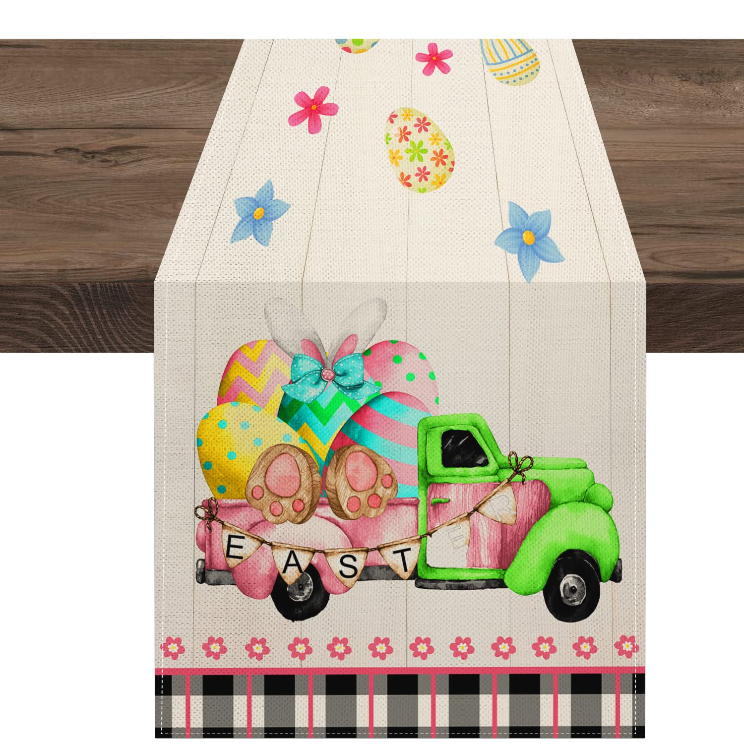 LARMOY 13x72 Inches Easter Table Runner - Truck with Bunny, Eggs & Flowers Spring Kitchen Dining Decor for Holiday Party, Coffee Table, Home Celebration | Perfect for Easter Brunch, Family Gatherings & Seasonal Home Decoration