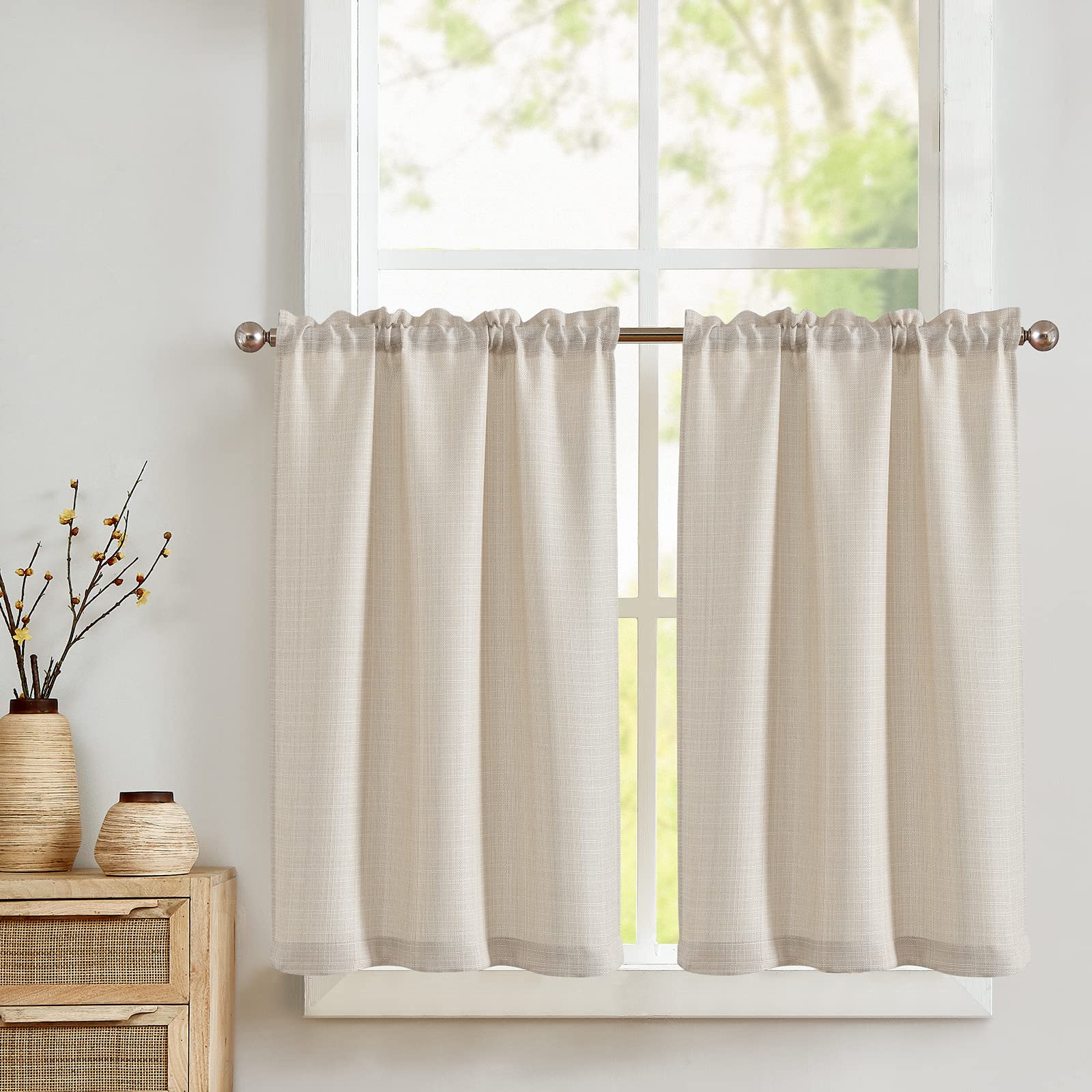 COLLACT 36 Inch Linen Textured Tier Curtains - Light Filtering Cafe Curtains Set with Rod Pocket (2 Panels, Beige) for Kitchen, Bathroom & Farmhouse Windows - Perfect for Privacy & Natural Light