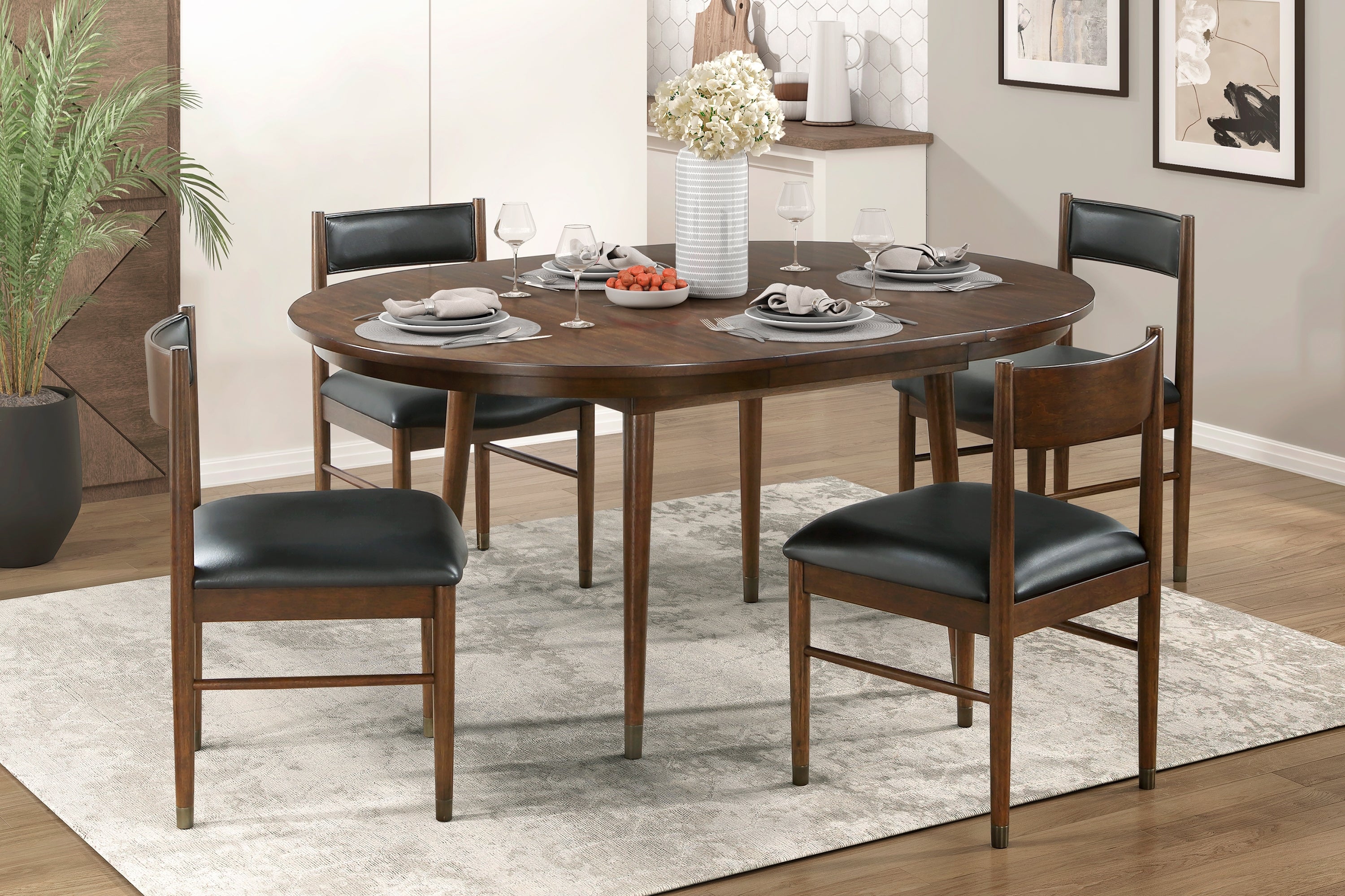 Set of 2 Black Leather Upholstered Side Chairs - Modern Contemporary Cherry Finish Wooden Dining Chairs for Home, Office & Restaurant Decor