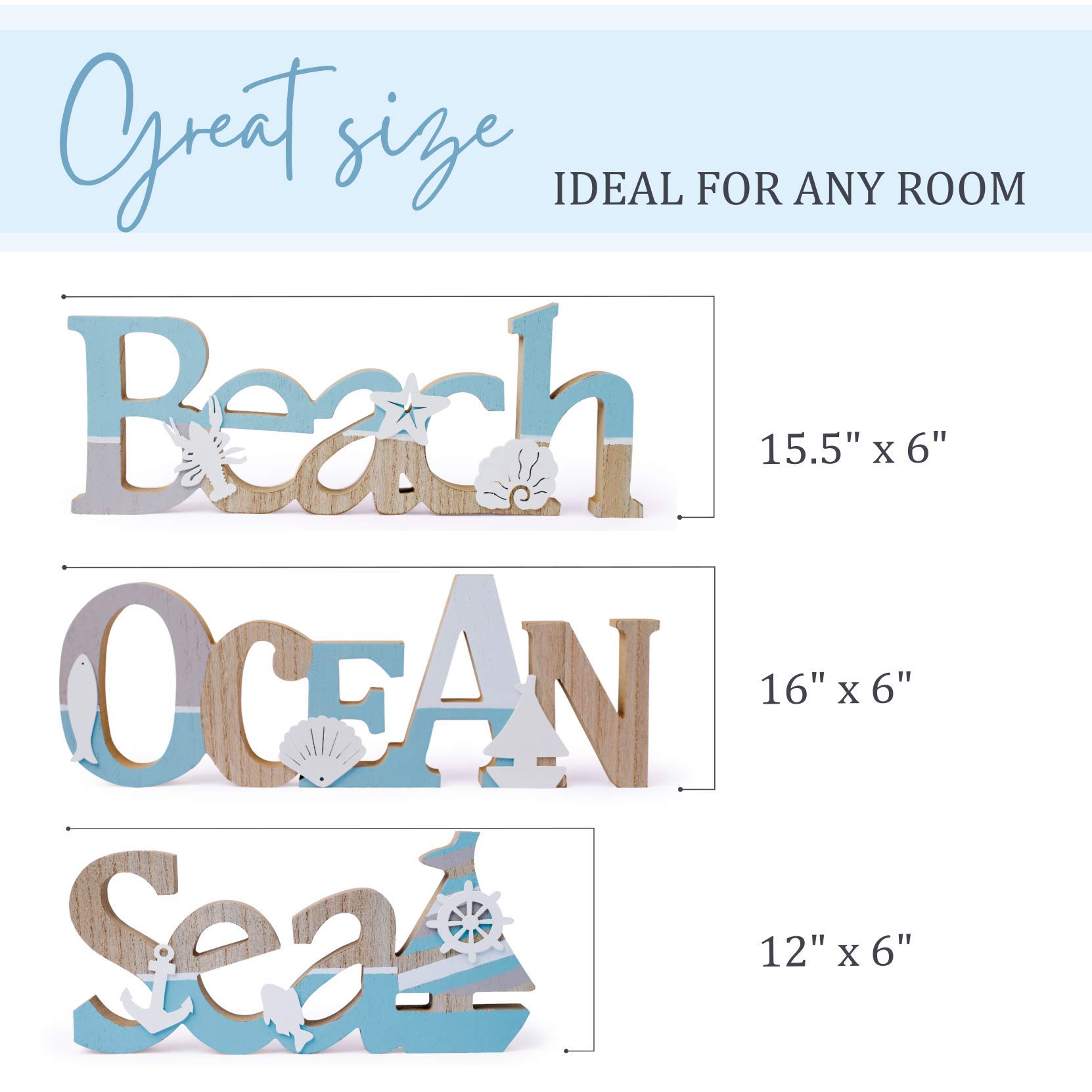 TideAndTales Coastal Wooden Wall Art Set of 3 - Beach, Ocean & Sea Signs for Home & Office Decor | Nautical Theme Room Decorations | Perfect for Beach House, Bathroom & Coastal Living Spaces