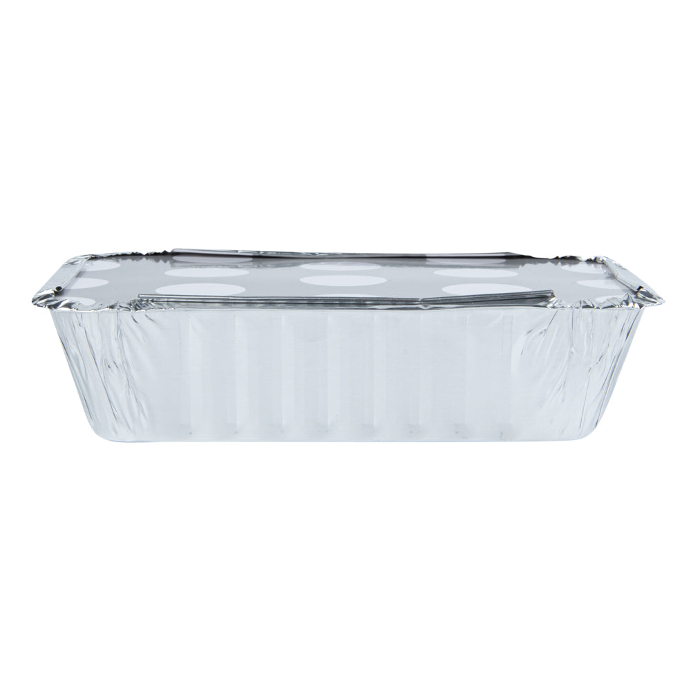 16 oz Rectangle Silver Aluminum Take Out Containers with Polka Dot Paper Lids - 7.25