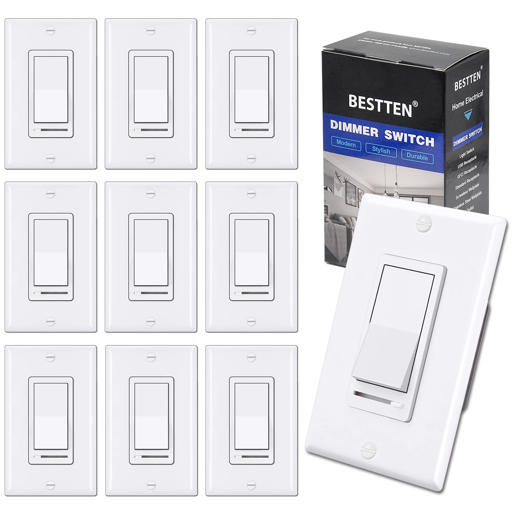 BESTTEN 10 Pack Dimmer Light Switch & 15 Amp 4.8A USB Outlet Combo - UL Listed White Wall Plate for Smartphones, Tablets & USB Devices - Perfect for Home, Office & Bedroom Lighting Control & Charging Stations