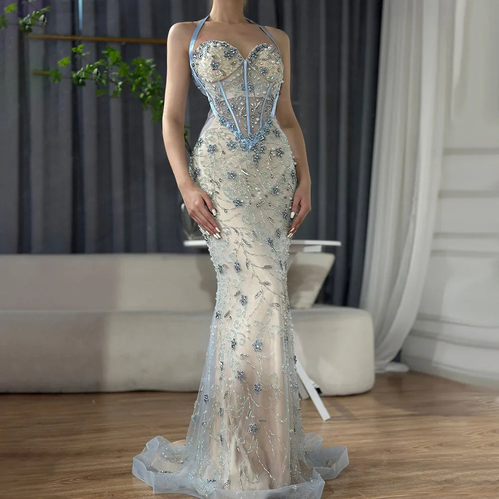 Luxury Dubai Blue Mermaid Evening Gown with Beaded Spaghetti Straps - Arabic Style Wedding Party Dress for Women 2025 | Perfect for Formal Events, Galas & Special Occasions
