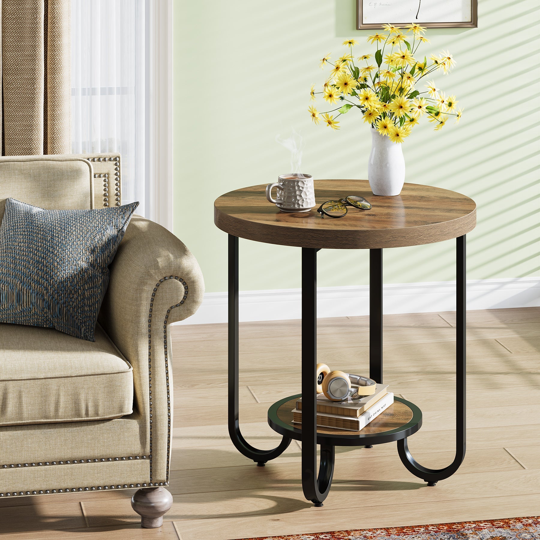2 Tier Round End Table with Curved Metal Legs - Modern Side Table & Nightstand for Living Room, Bedroom, Office - Perfect for Small Spaces & Home Decor