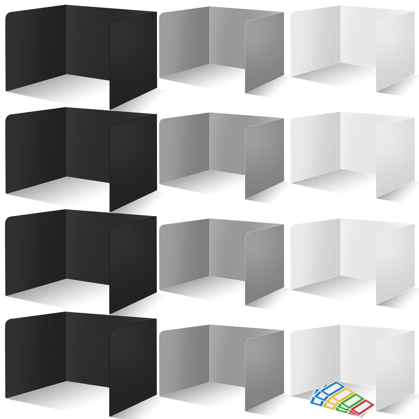 12 Pack Plastic Desk Dividers for Students - Black, White & Gray Privacy Folders, Classroom Test Dividers & Trifold Privacy Boards - Perfect for School Supplies, Study Sessions & Exam Privacy