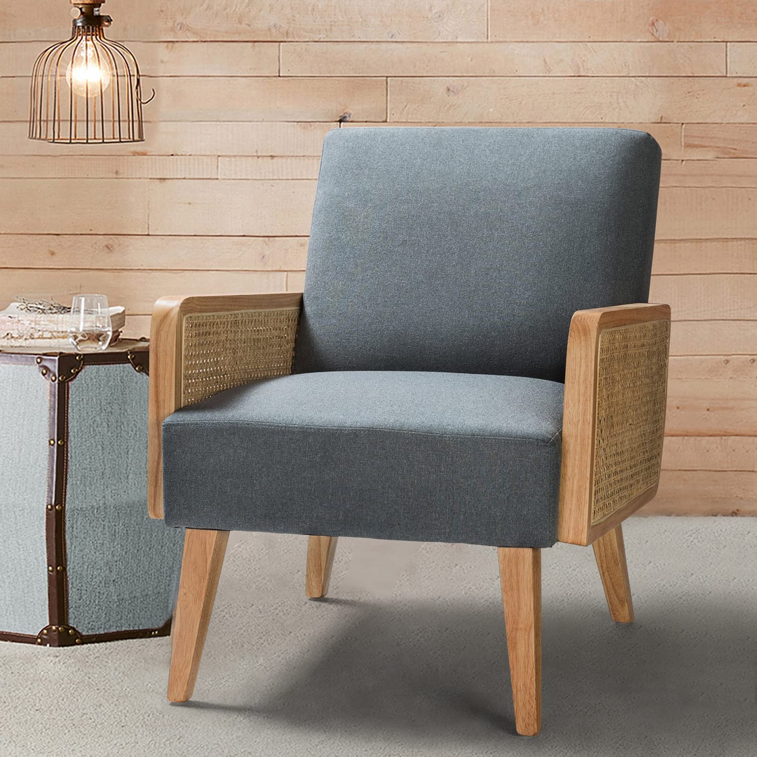 Mid Century Modern Accent Chair with Rattan Armrest & Wood Legs - Upholstered Lounge Chair for Living Room, Bedroom & Reading Nook - Comfortable Blue Armchair for Relaxing & Hosting Guests