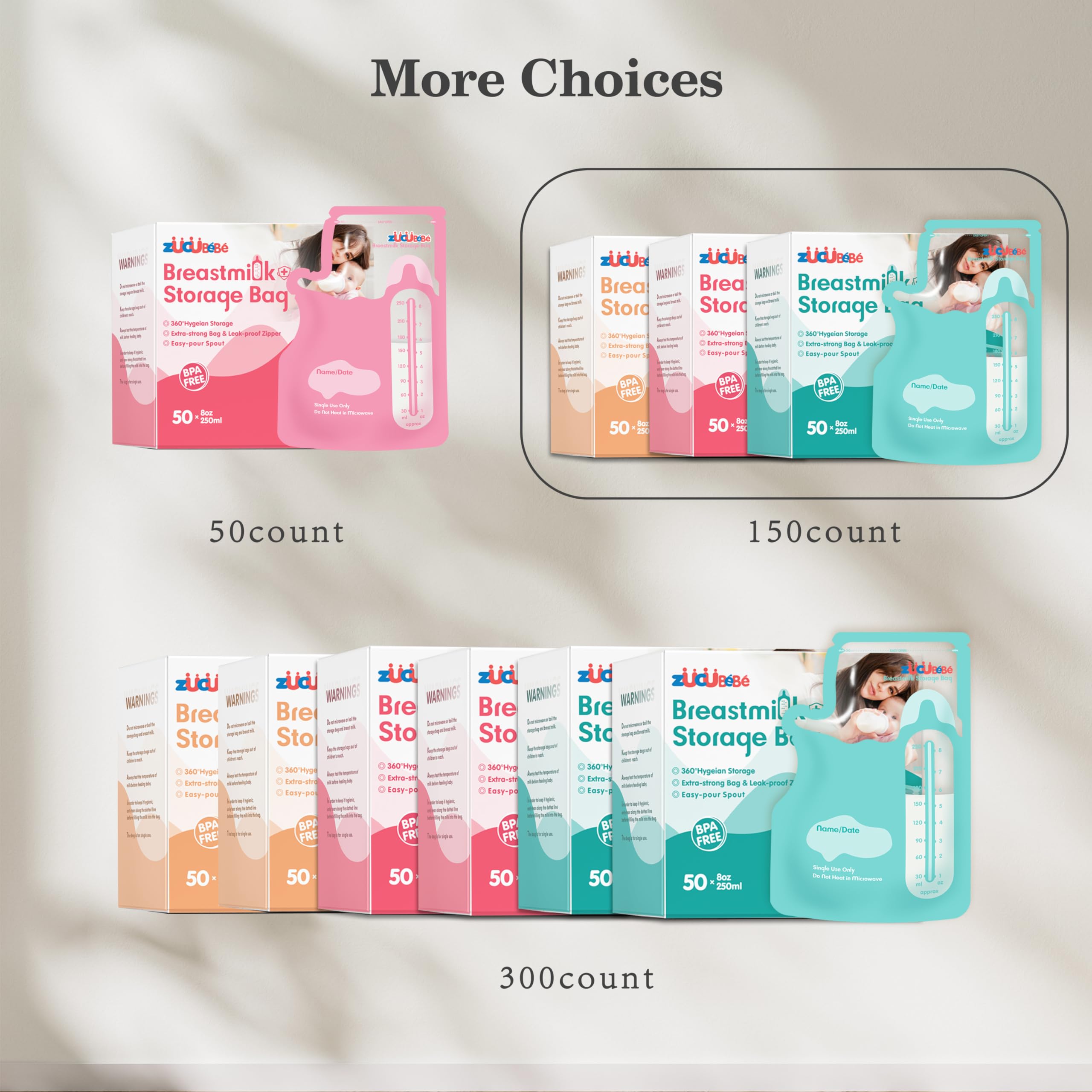 150 Count Breastmilk Storage Bags - 8oz BPA Free Breastfeeding Bags with Easy Pour Spout & Self-Standing Design for Refrigeration & Freezing - Ideal for Nursing Moms at Home or Travel