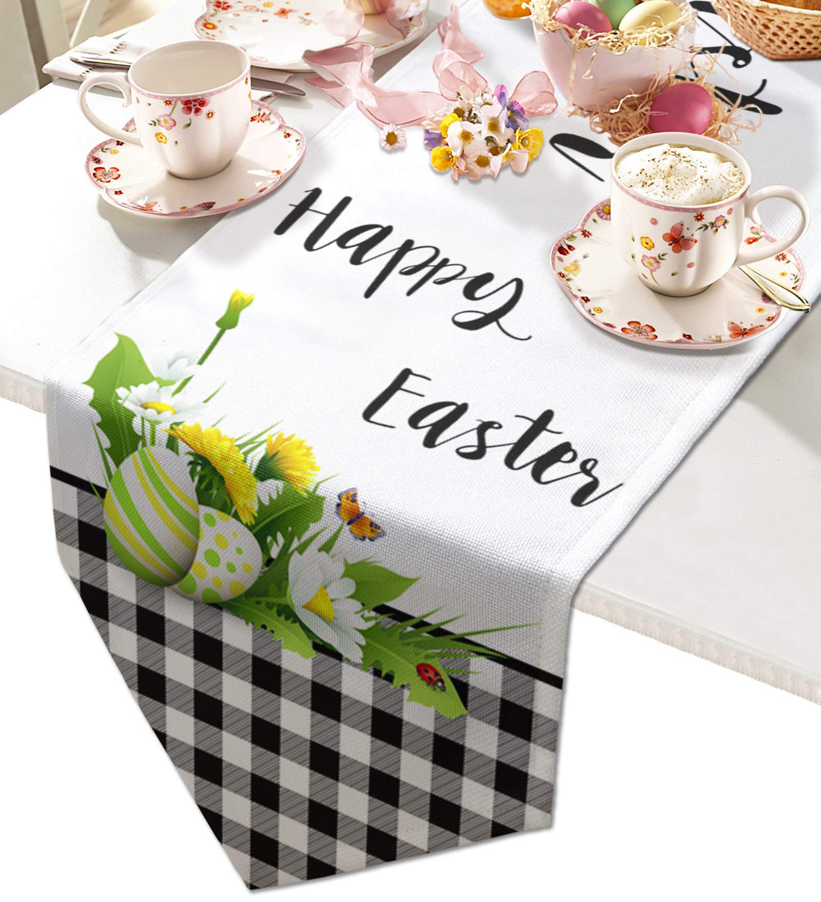 90 Inch Cotton Linen Triangle Table Runner - Easter Floral Ladybug Design for Wedding, Graduation & Party Decor (13x90In) | Perfect for Dining Tables, Buffets, Dressers & Holiday Celebrations