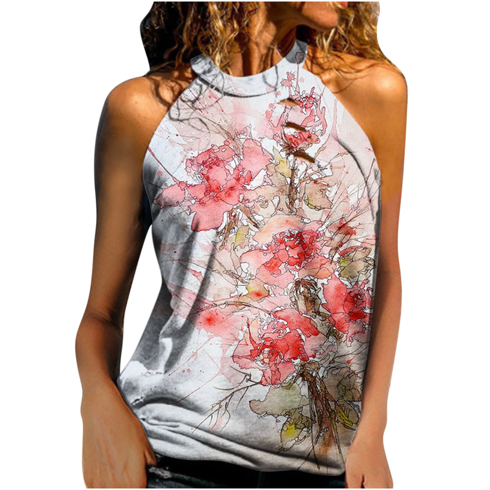 Women's Fashion Floral Graphic Tank Tops - Sexy Hollow Out Halterneck Loose Vest Tops for Summer | Casual Wear, Beach Outfits & Street Style