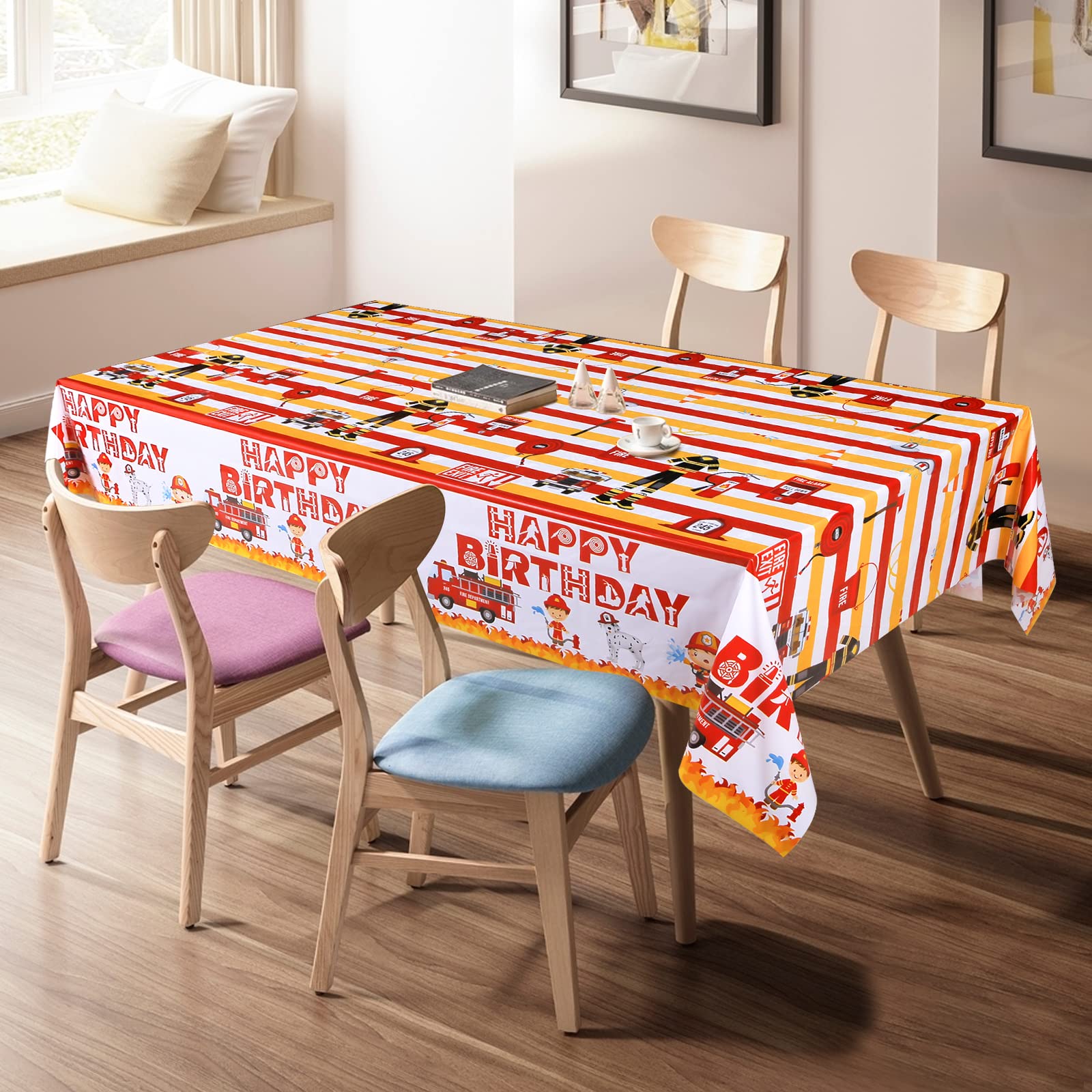 Lcoor 2-Pack Fire Truck Tablecloths - Disposable Plastic Firetruck Table Covers for Firefighter Theme Birthday Parties, Decorations & Supplies | Perfect for Kids' Birthday Decor, Fire Station Events & Themed Celebrations