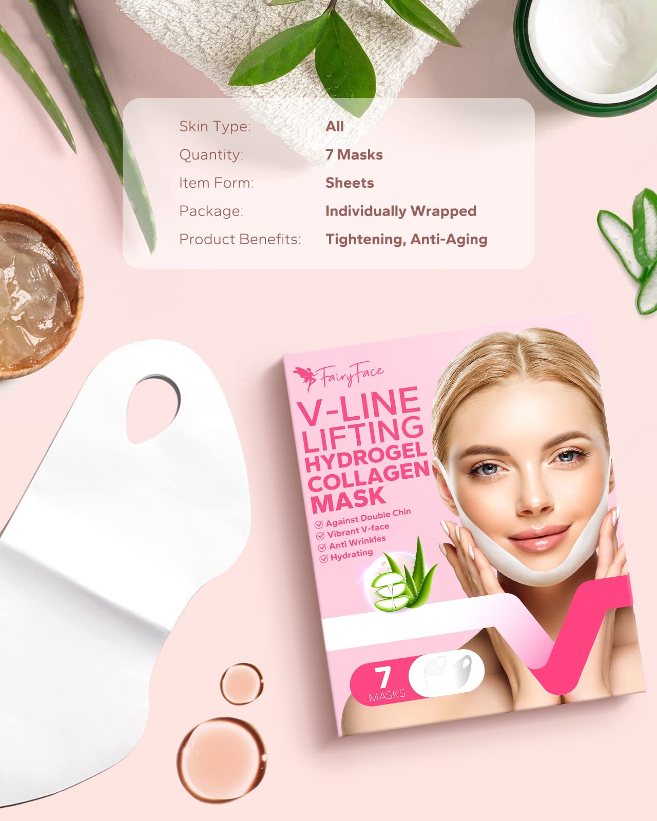 FairyFace V Line Shaping Face Masks (7 Pack) - Double Chin Reducer & Lifting Hydrogel Collagen Mask with Aloe Vera & Seaweed Extract - Anti-Aging & Anti-Wrinkle Treatment for Firming & Slimming - Perfect for Spa Night, Self-Care Routine & Travel Skincare