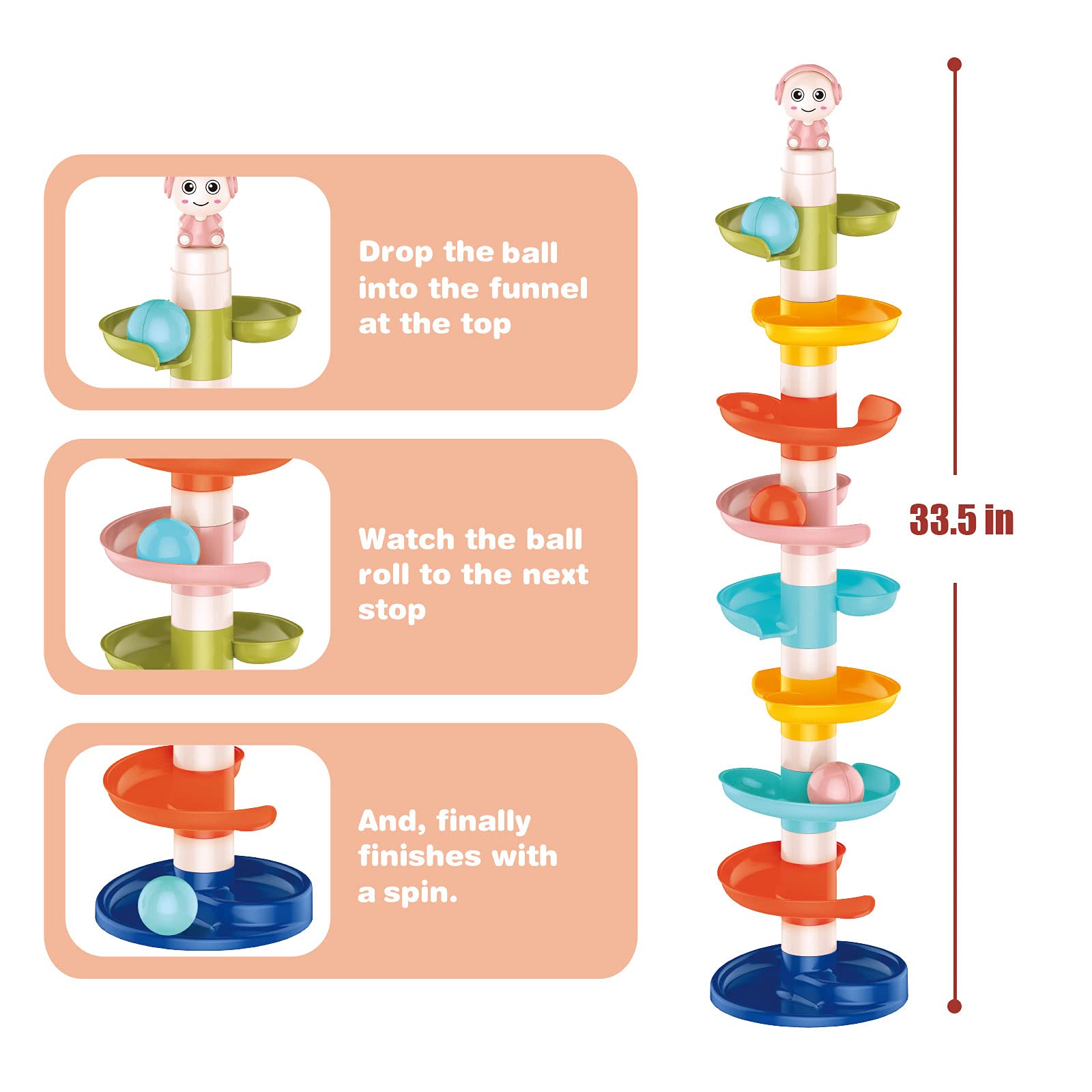 9 Layer Roll & Swirl Ball Drop Tower Toy for Toddlers 1-3 Years - 3 Balls Included - Educational Learning & Developmental Activity Toy - Perfect for Birthday Gifts & Early Childhood STEM Play