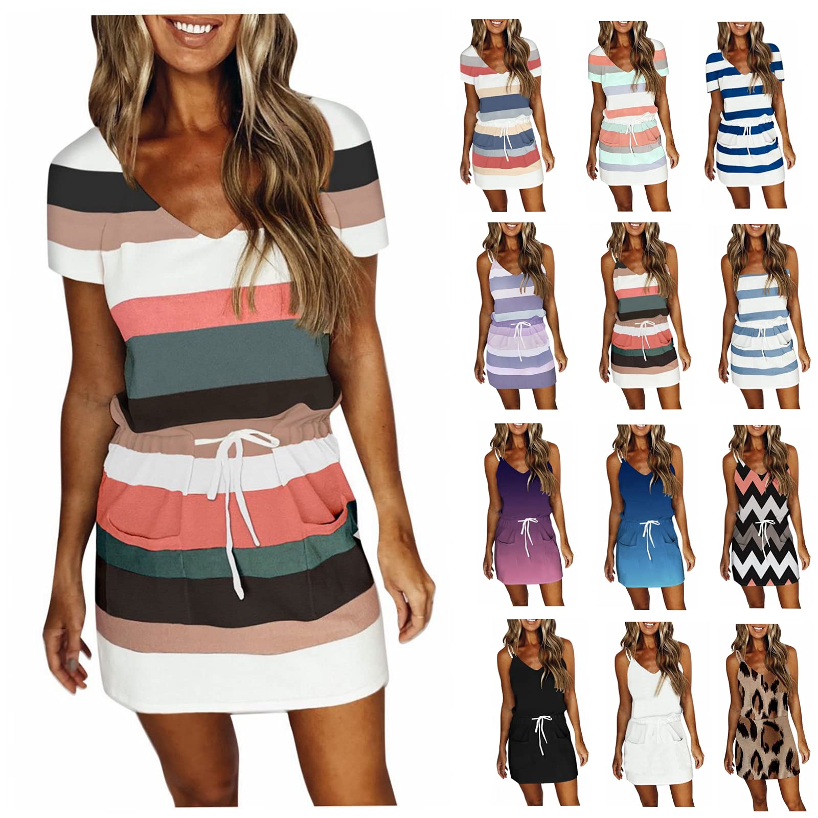 Lingbing Women's Summer Casual Sleeveless Spaghetti Strap Mini Dress with Belt - Sexy Striped Sling Dress for Beach, Party & Date Night