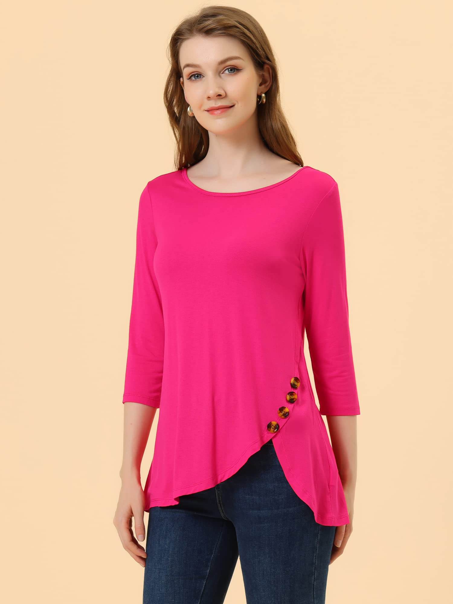 Allegra K Women's Loose Fit Asymmetrical Hem Tunic T-Shirt | 3/4 Sleeve Round Neck Casual Top | Spring 2025 Fashion | Perfect for Work, Weekend & Layering