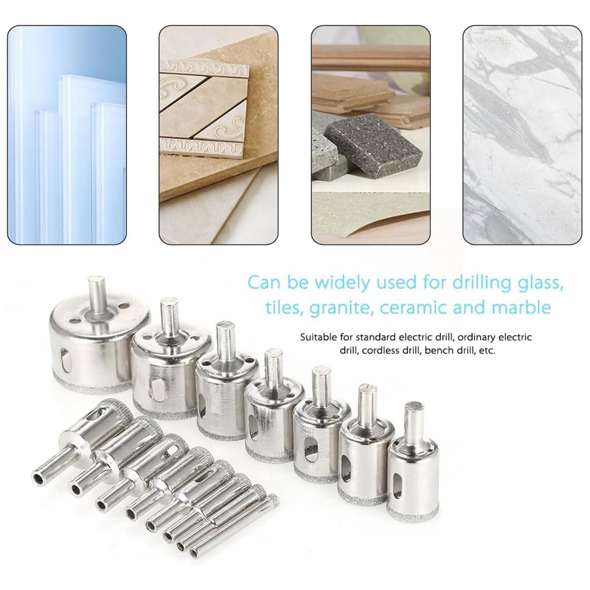 16 PCS Diamond Drill Bit Set for Glass, Ceramic Tile, Porcelain, Marble & Granite - 1/4