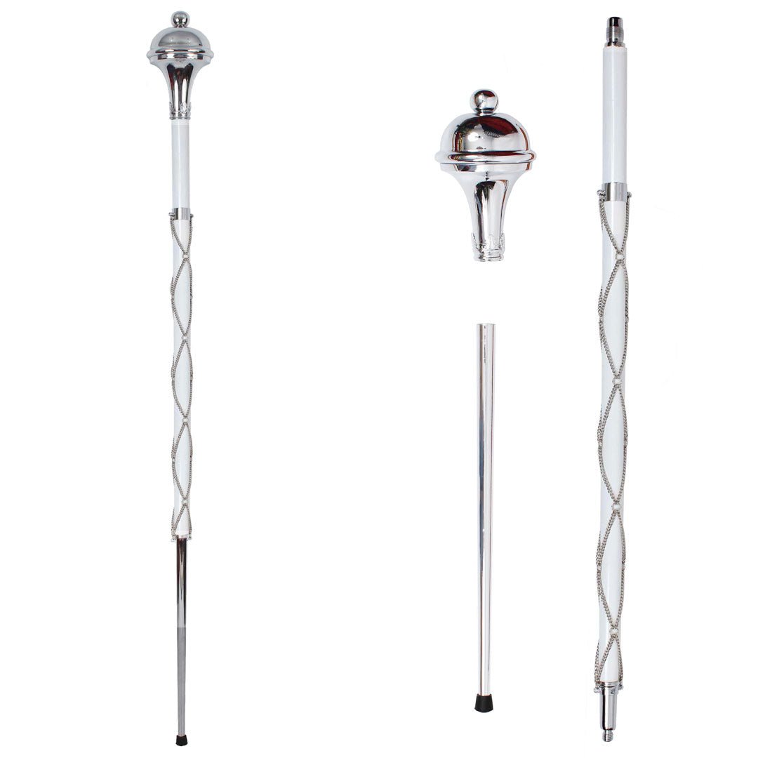 Drum Major Mace Stave - White Shaft with Chrome Plain Head & Ball Top | 3-Part Design for Marching Band Performances & Parades