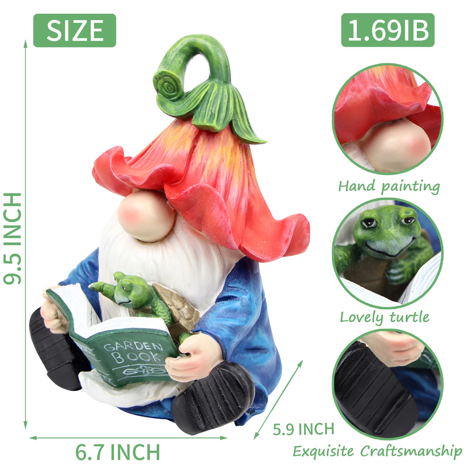 Solar LED Garden Gnome Statue - Resin Gnome Figurine Hugging Turtle Reading Book, Outdoor Decor for Patio, Yard, Lawn & Porch - Perfect Summer Garden Ornament Gift for Nature Lovers & Book Enthusiasts