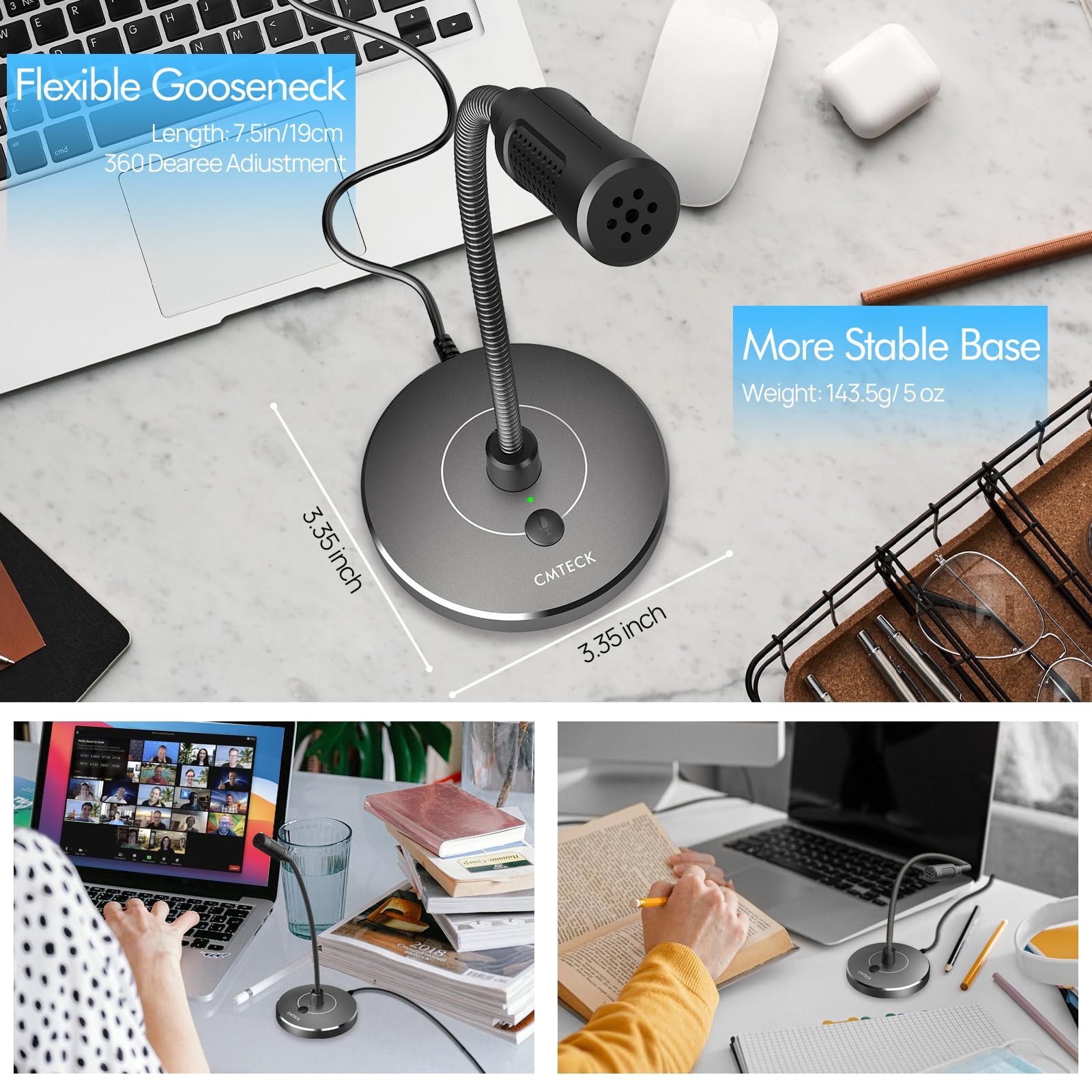 CMTECK G009 USB Computer Microphone with Noise Cancellation - Professional Desktop Mic for PC & Laptop - Perfect for Podcasting, Gaming, Streaming, Zoom/Skype Calls, YouTube Videos & Home Studio Recording - Includes Mute Function (Windows/Mac Compatible, Gray) - Ideal for Remote Work, Online Classes & Voice Chat