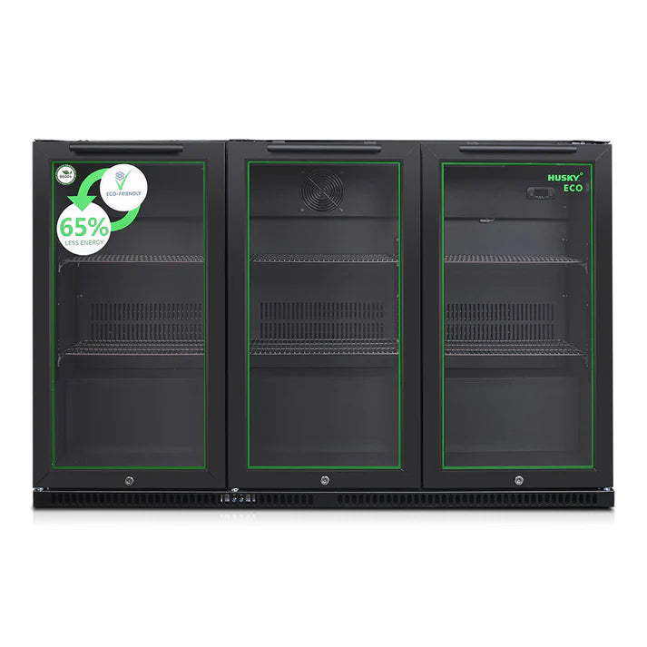 Husky 280L Triple Door Eco Back Bar Drinks Chiller - Black Commercial Refrigerator for Bars, Pubs & Restaurants | Energy Efficient Beverage Cooler with Glass Doors