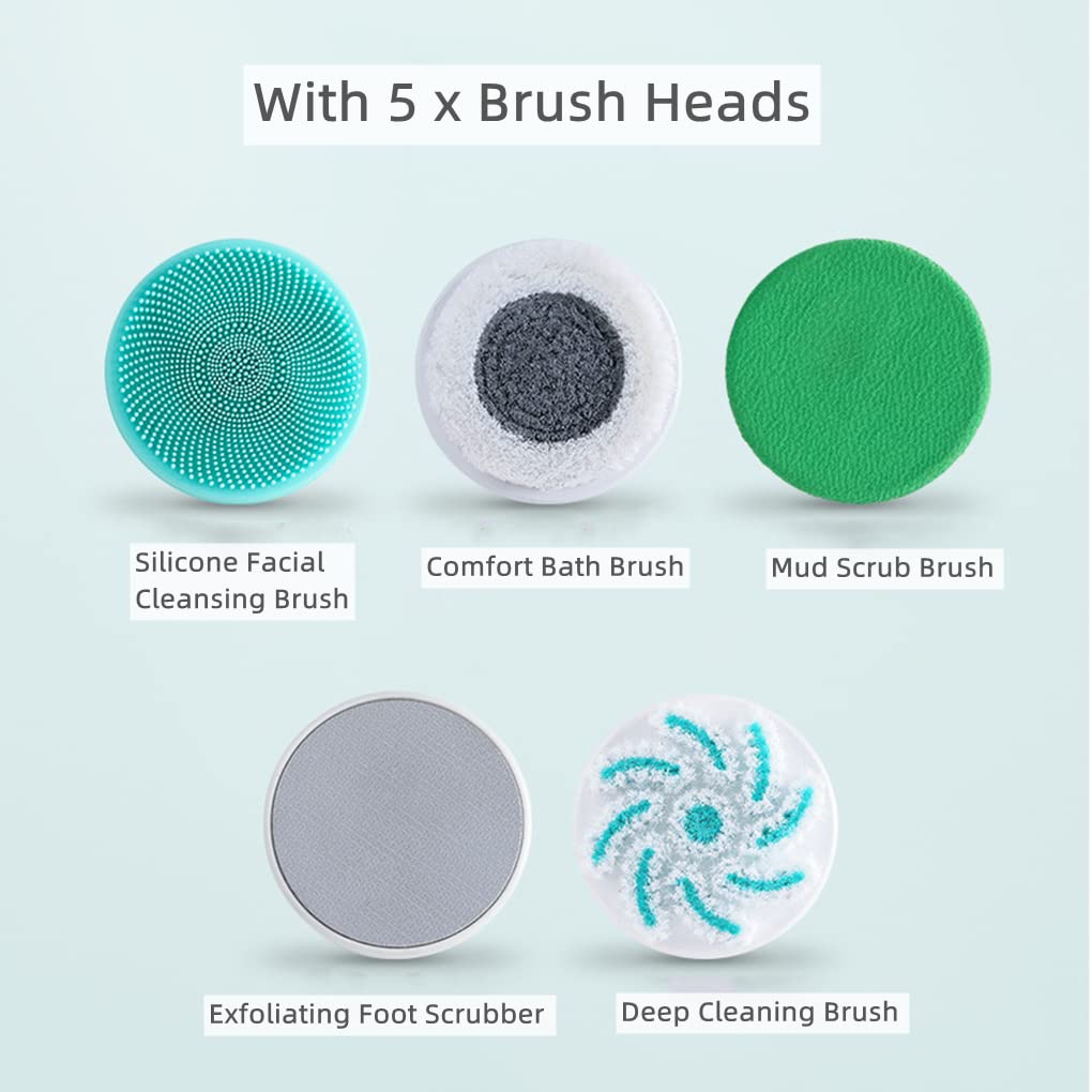Electric Shower Brush Set - 5 Soft Heads for Face, Body & Feet - Deep Clean & Waterproof - Great for Bath & Spa