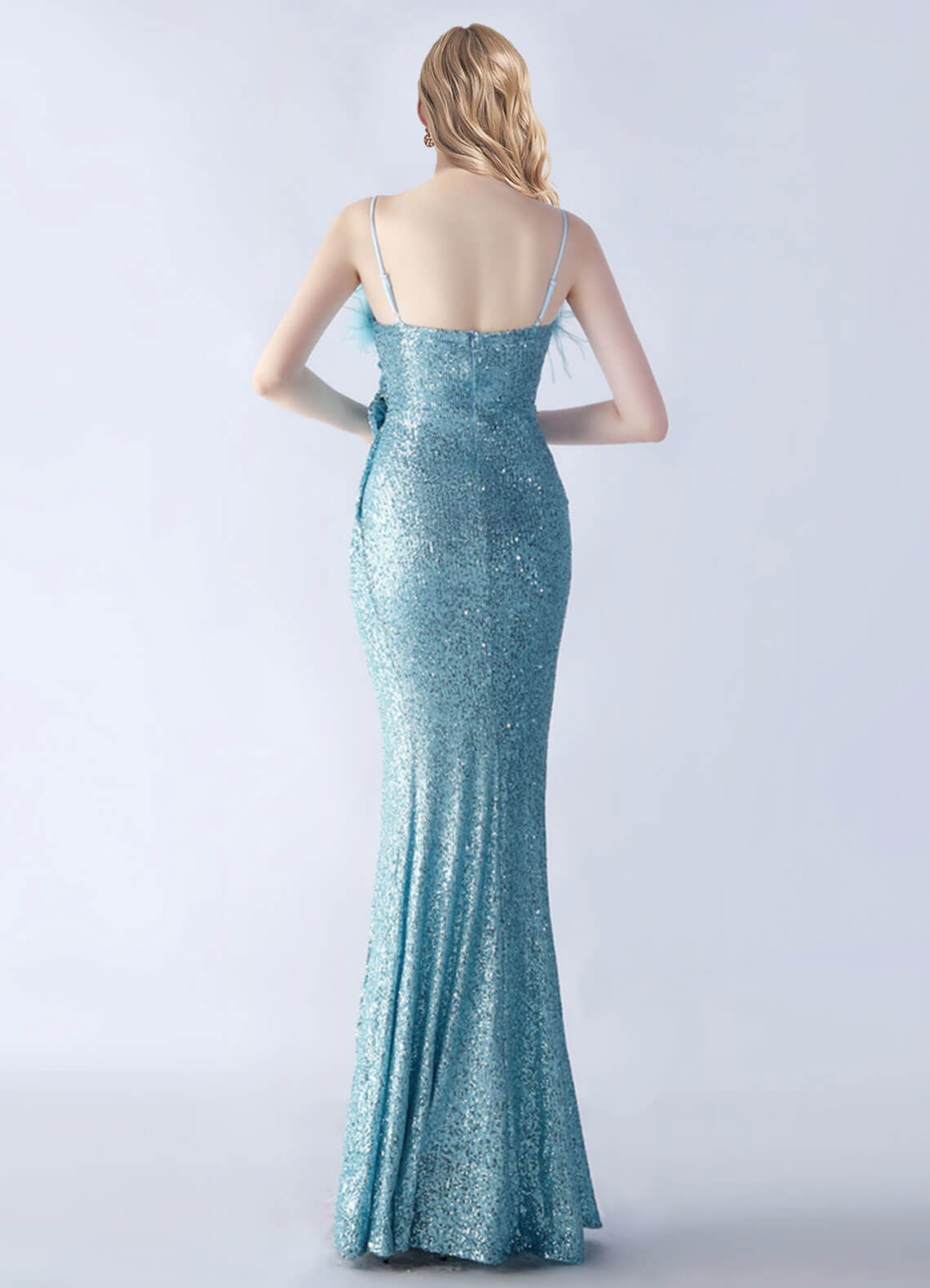 Cornflower Blue Luxury Feather Sequin Maxi Formal Gown - Elegant Spaghetti Strap Evening Dress for Prom, Wedding & Special Occasions