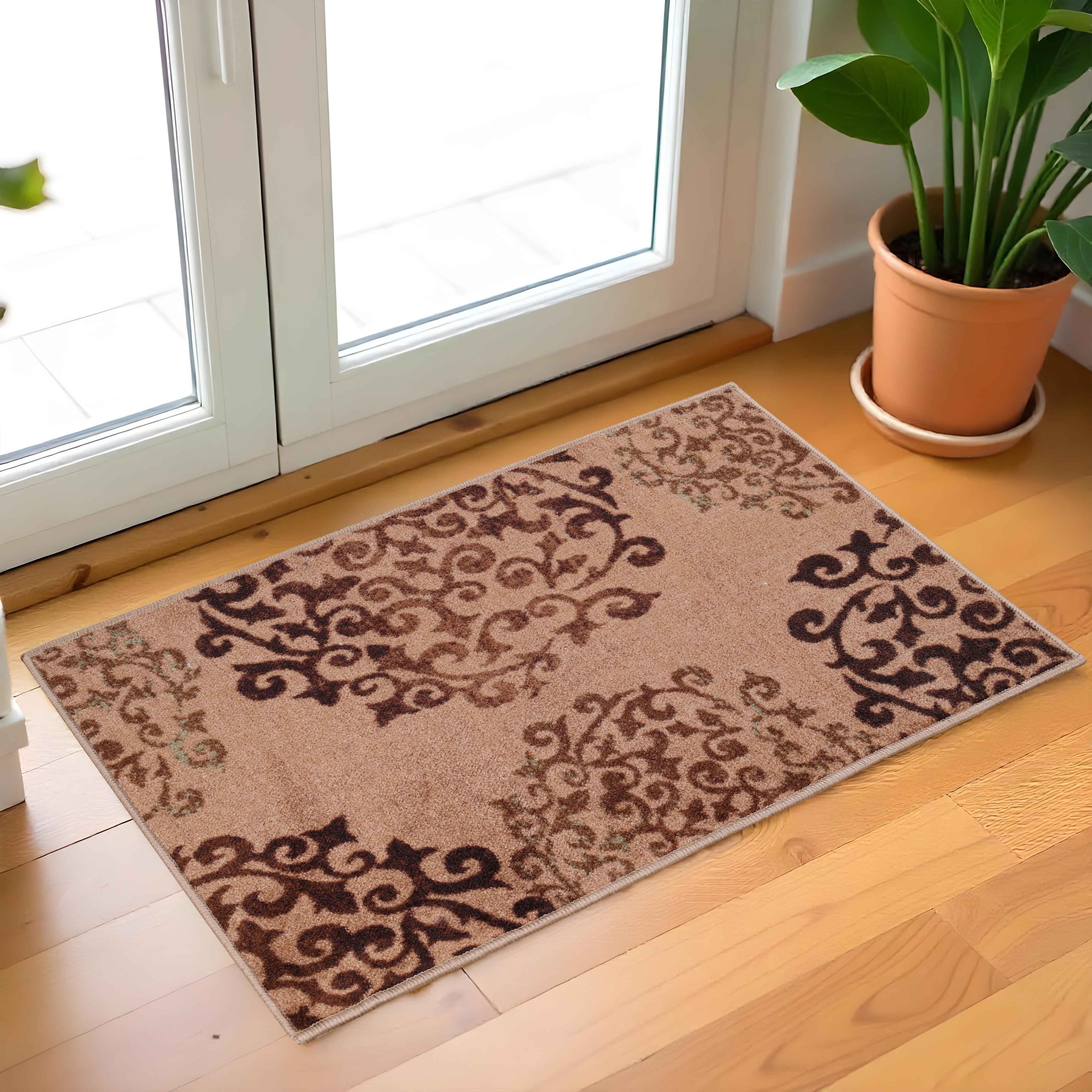 Non-Slip Washable Amber Floral Scroll Indoor Area Rug or Runner - Perfect for Living Room, Bedroom, and Hallway Decor
