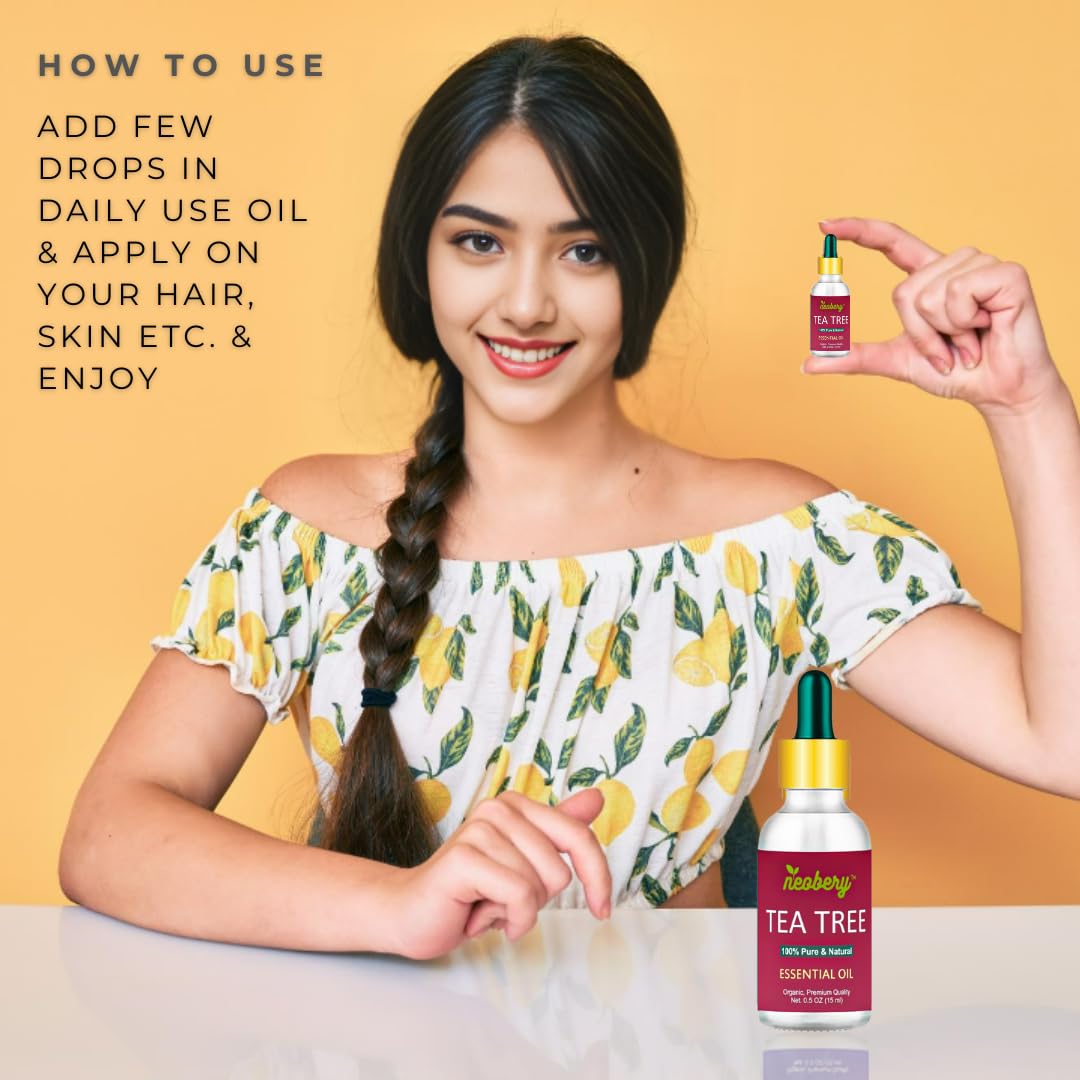 Neobery Tea Tree Essential Oil - 100% Pure, Organic & Natural for Skin, Hair, Face & Dandruff Treatment - 15ml | Perfect for Aromatherapy, DIY Beauty & Scalp Care