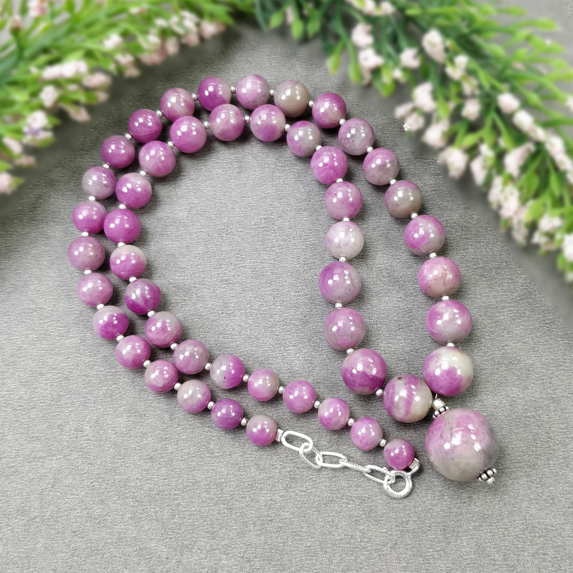 Natural Untreated Bi-Color Ruby Zoisite Gemstone Necklace - 284.85cts Genuine Ruby Beads with 925 Sterling Silver (6.5mm-19mm) - Elegant Jewelry for Women, Gift for Anniversary & Special Occasions