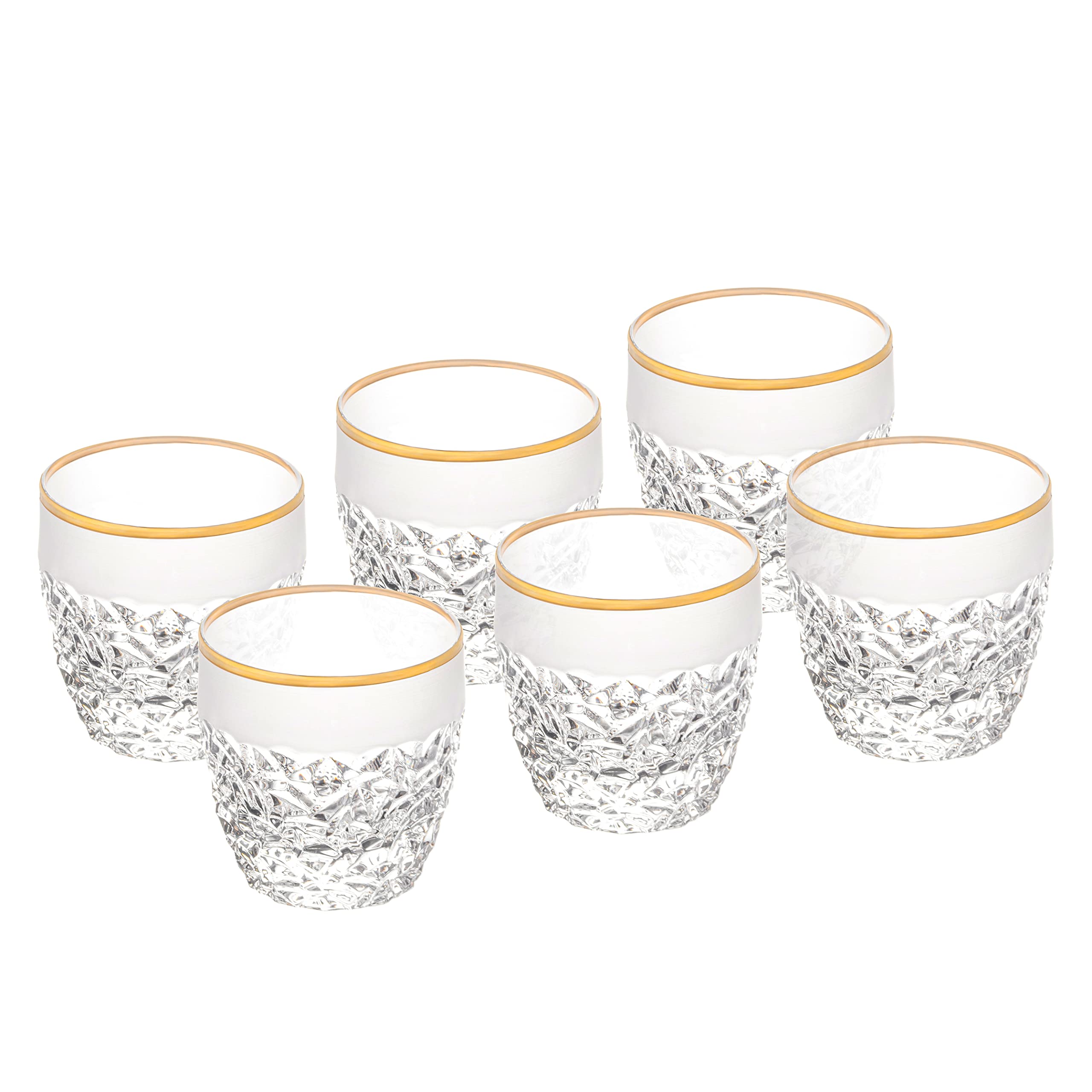 Premium European Crystal Glass Set of 6 - 12 oz Double Old Fashioned Tumblers with Frosted Crack Design & Gold Band - Elegant Barware for Cocktails, Whiskey & Home Entertaining - Made in Europe