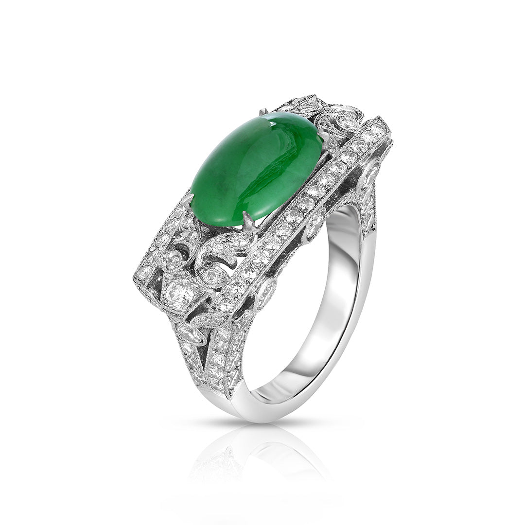 Exquisite Jade & Diamond Saddle Ring - Elegant 14K Gold Jewelry for Women | Perfect for Weddings, Anniversaries & Special Occasions