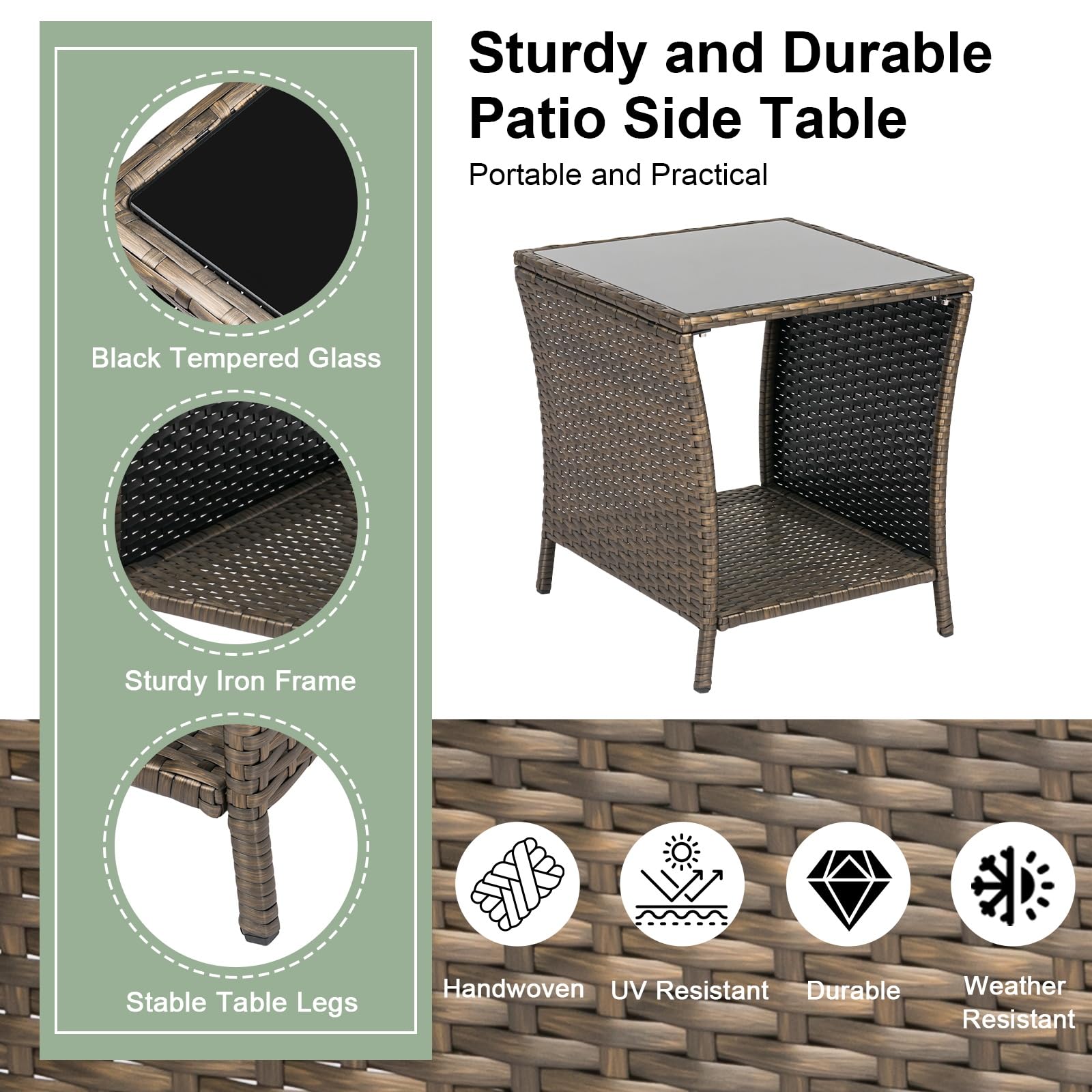 Kinbor Outdoor Side Table Set of 2 - Wicker Patio Side Tables with Storage Shelf & Tempered Glass Top for Easy Cleaning, Dark Blonde - Perfect for Poolside, Garden, Patio, and Balcony Furniture