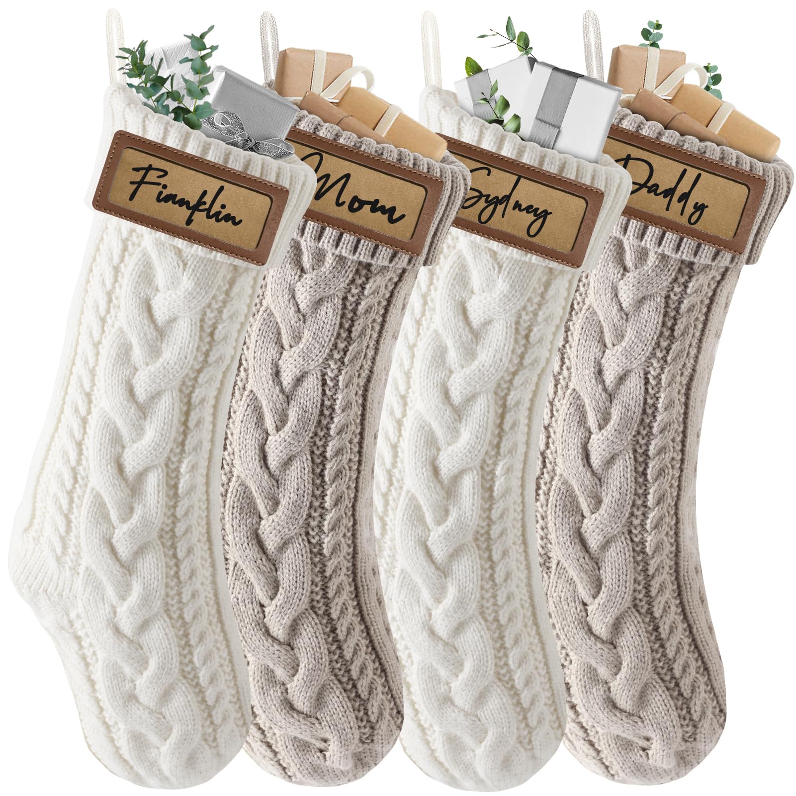 4 Pack Personalized Christmas Stockings with Leather Patches - Custom Name Family Xmas Stockings, 18.5