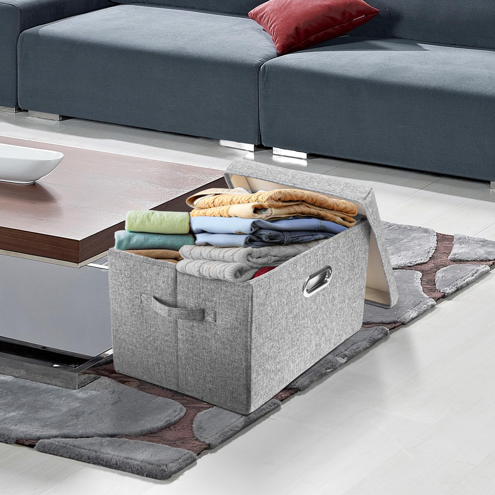 TYEERS Large Collapsible Storage Bins with Lids - 3 Pack Gray Foldable Organizer Boxes for Closet, Clothes, Home & Office Organization - Perfect for Seasonal Storage, Toy Organization & Small Space Saving