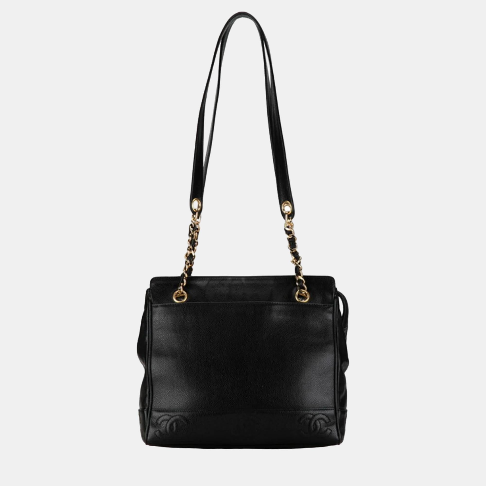 Black Caviar Medium Vintage Stitched Triple CC Shoulder Bag - Luxury Chanel-Inspired Handbag for Women | Perfect for Evening Parties, Date Nights & Special Occasions