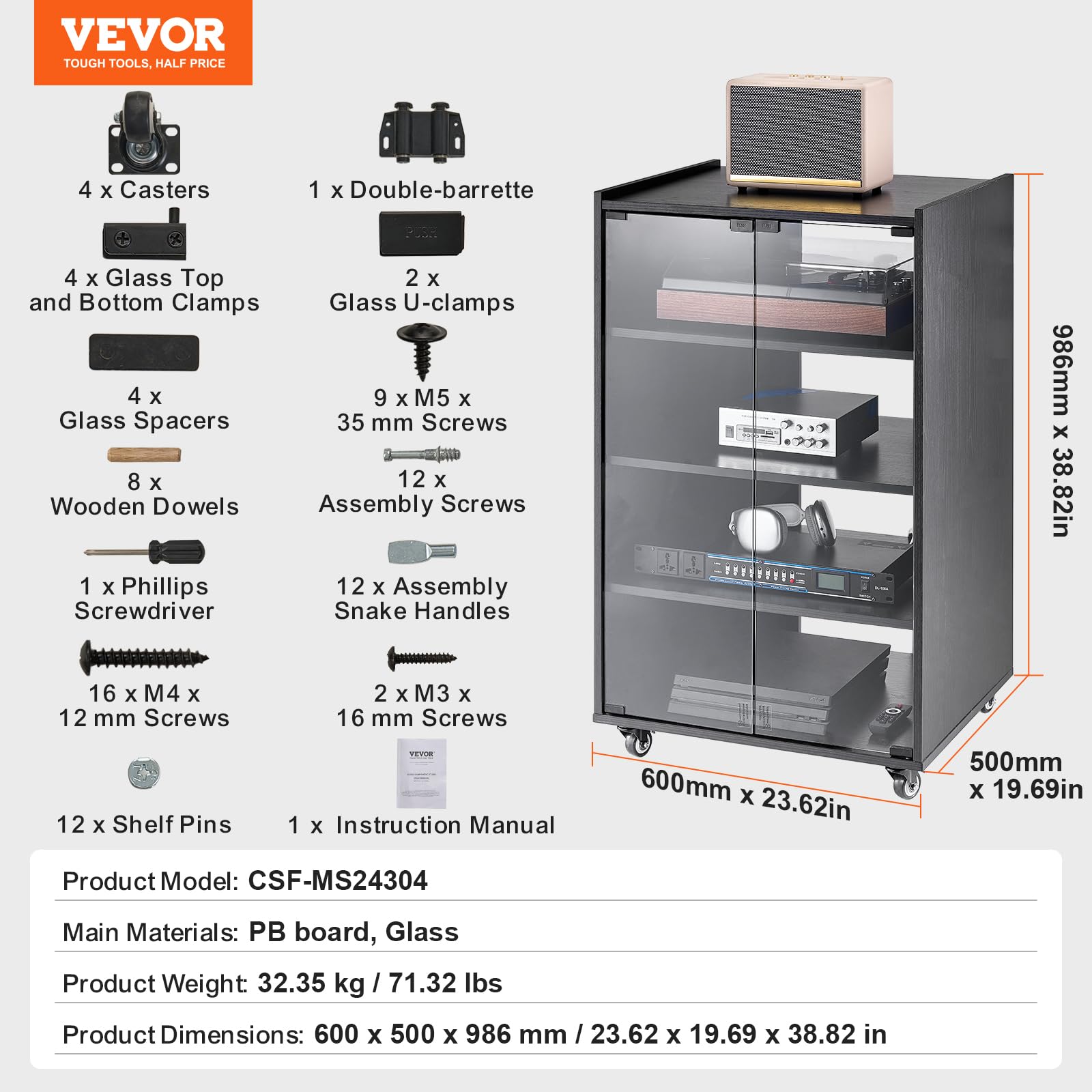 VEVOR 5-Tier Rolling TV Stand with Adjustable Shelves - Wooden Media Storage Cabinet for DVD Players, Cable Boxes, Gaming Consoles - Perfect for Living Room, Home Theater & Game Room Setup (Black)