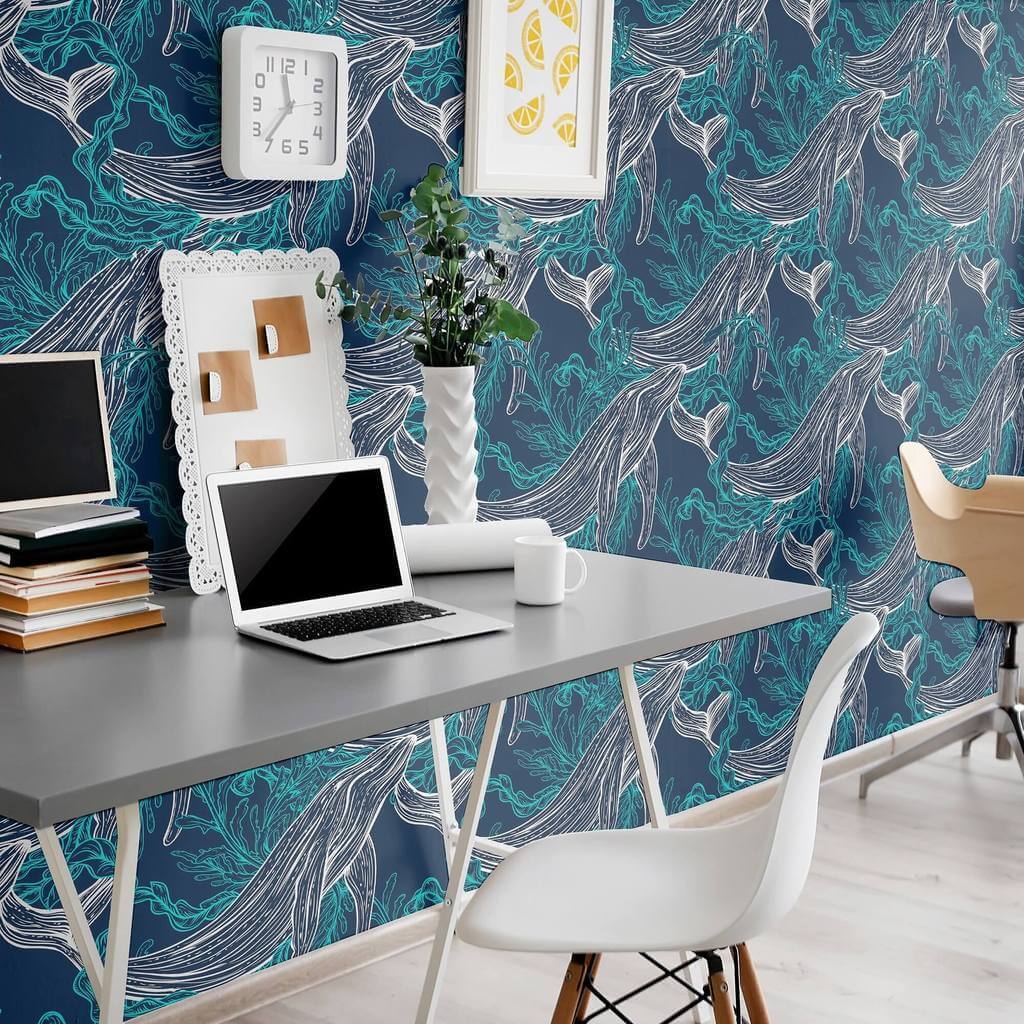 Blue and White Fish Nautical Peel and Stick Removable Wallpaper - Self-Adhesive Decorative Wall Covering for Bathroom, Nursery, Kitchen & Bedroom - Waterproof DIY Home Decor (Style 9958)