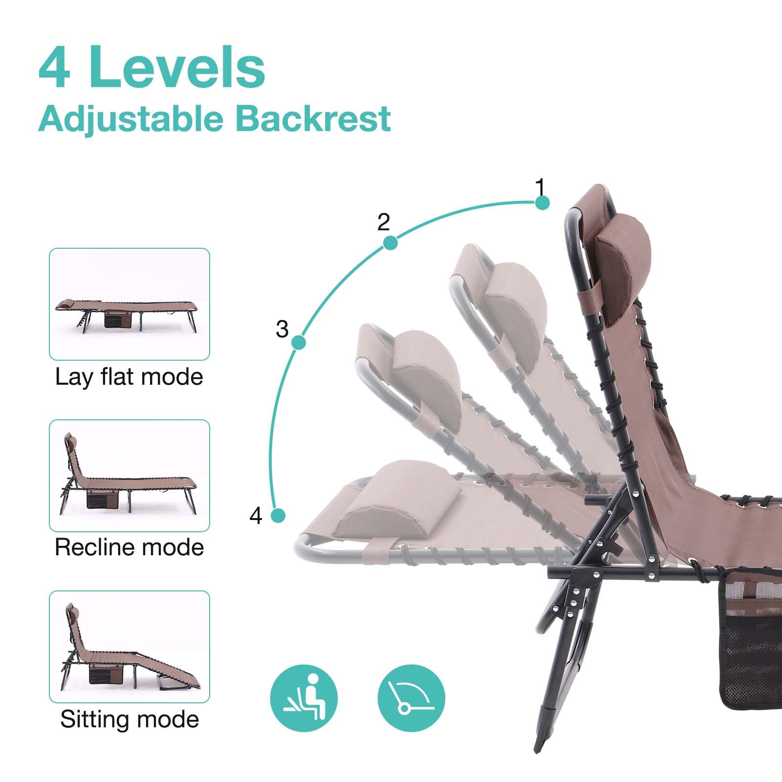 2 Pack Adjustable Outdoor Lounge Chairs - Foldable Tanning Chairs with 4-Level Recline, Headrest & Side Pocket - Perfect for Poolside, Beach, Patio & Backyard Relaxation