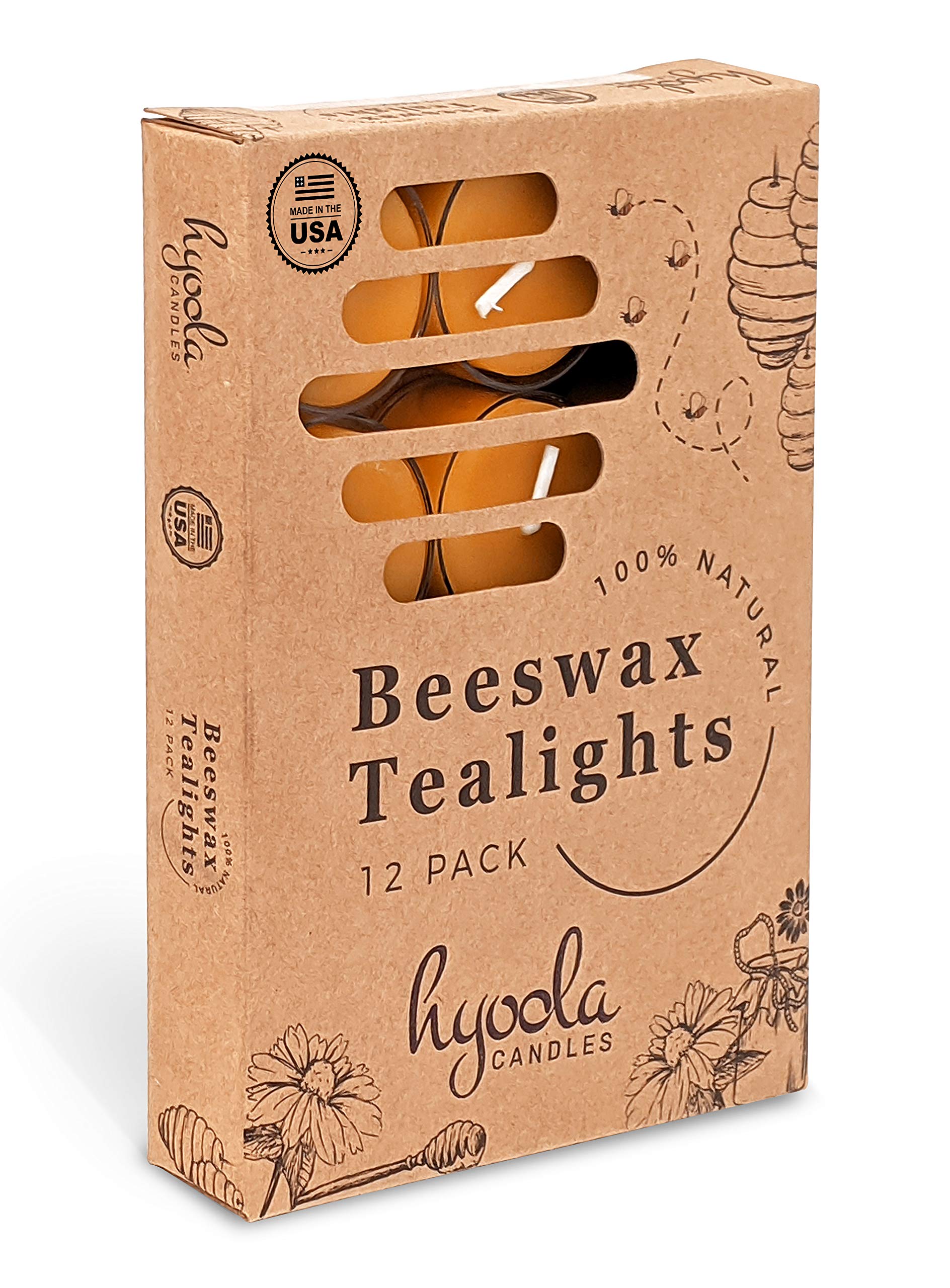 Hyoola Pure Beeswax Tea Light Candles - Handmade Unscented Decorative Candles with 4-Hour Burn Time in Clear Cups (Pack of 12) - Perfect for Weddings, Spa Relaxation & Home Decor