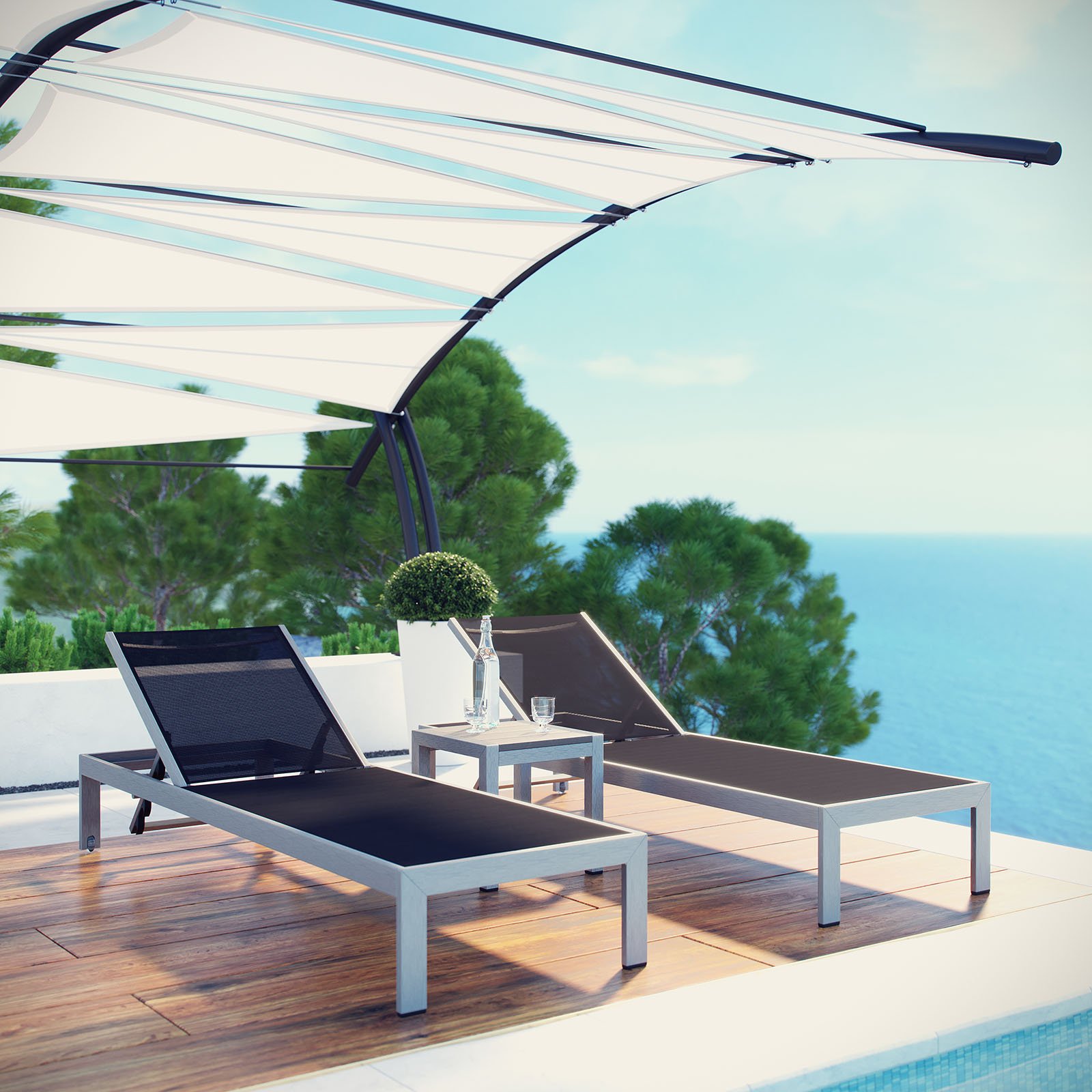 Modern Cool Outdoor Patio Lounge Chair Chaise with Side Table Set - Black & Silver Aluminum - Perfect for Poolside, Backyard, Garden Relaxation