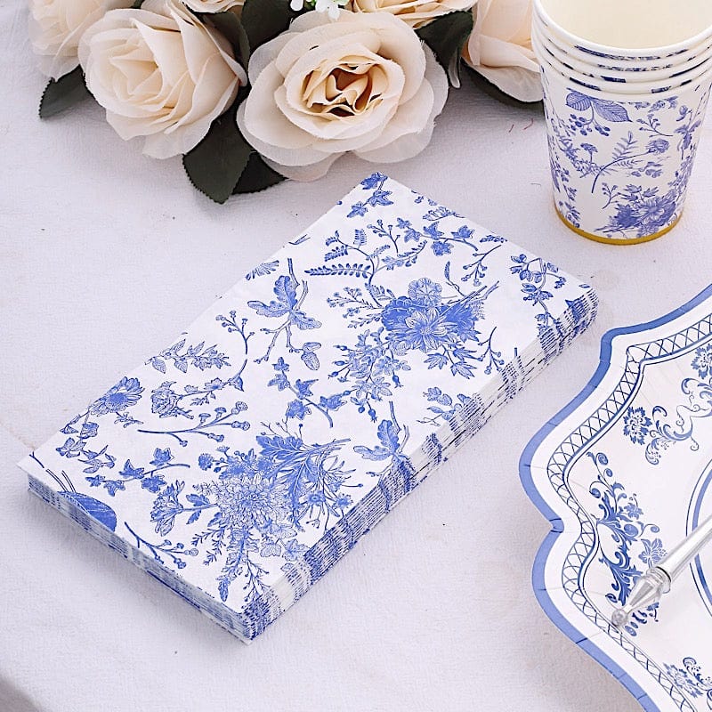 20-Pack Floral 2-Ply Disposable Paper Dinner Napkins - White with Blue Design for Parties, Weddings & Home Decor