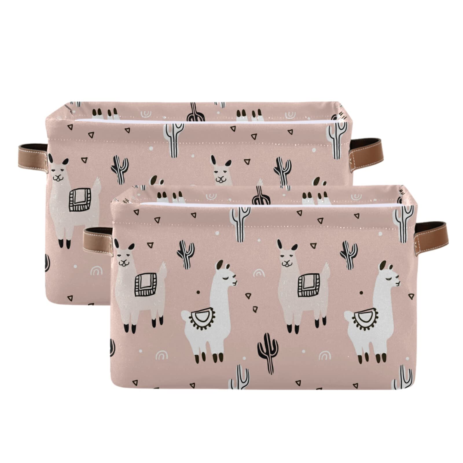 Cartoon Llama Alpaca Cactus Storage Bin - Large Collapsible Fabric Storage Basket with Handles (2 Pack) - Perfect for Kids' Toys, Home Organization, Bedroom Closet & Office Shelves Storage