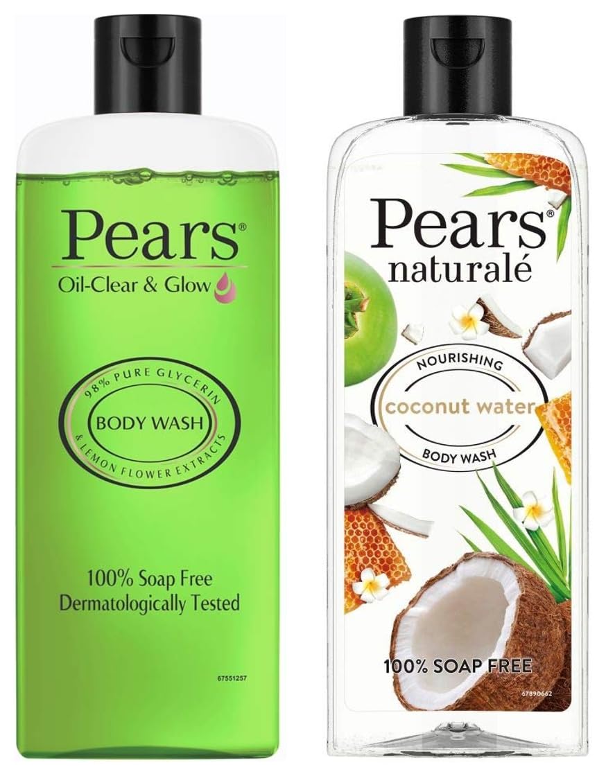 Pears Oil Clear & Glow Shower Gel 250ml + Naturale Nourishing Coconut Water Body Wash 250ml - Refreshing Daily Cleansing for Soft, Hydrated Skin