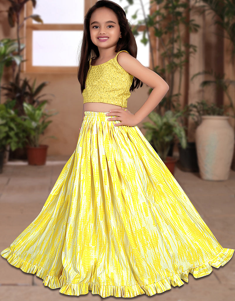 All-Season Designer Heavy Sequins Work Silk Yellow Kids Lehenga Choli with Soft Net - Perfect for Festivals, Weddings & Special Occasions
