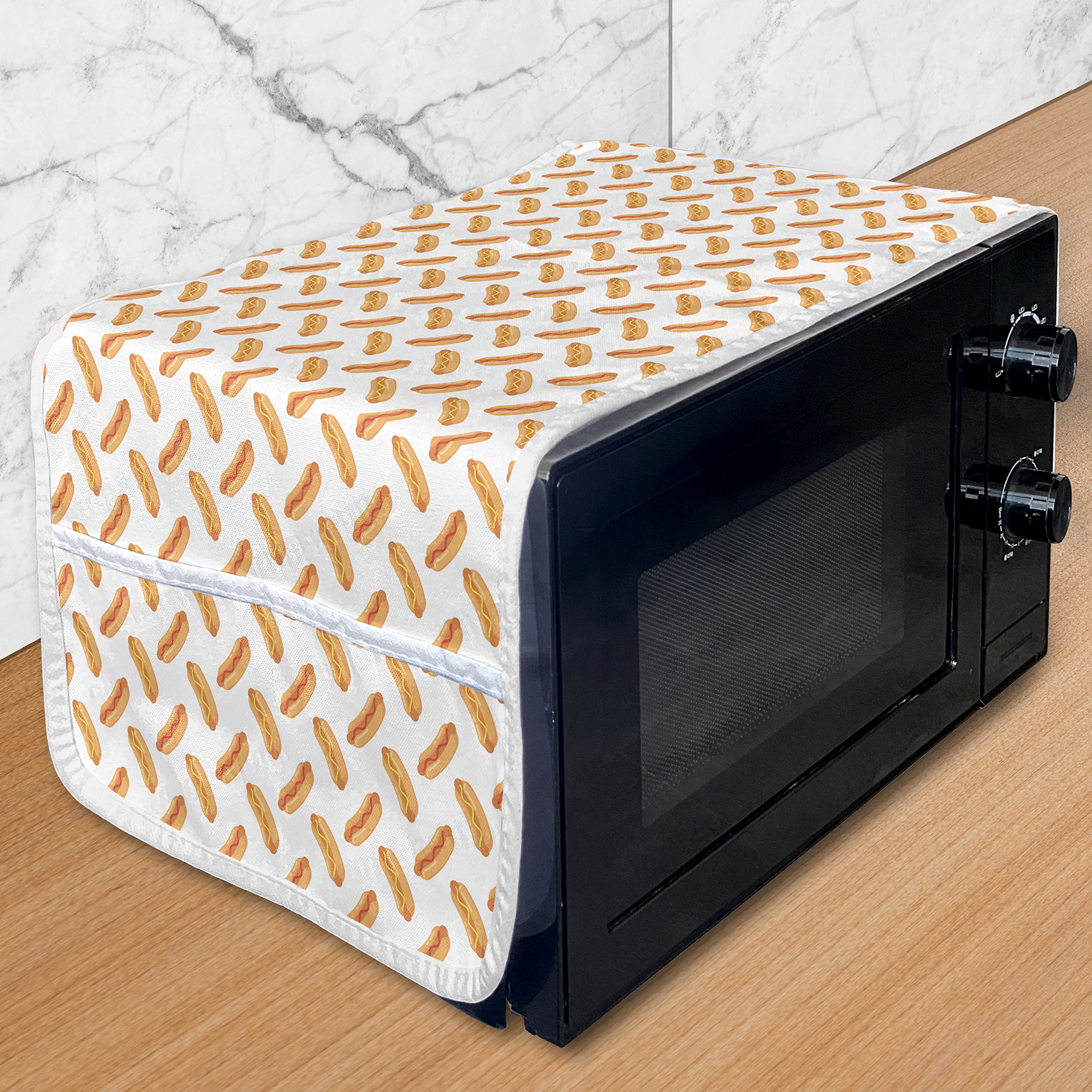 Ambesonne Hot Dog Microwave Cover - Waterproof Kitchen Organizer with Pockets, 36x12 Inches, Orange Dark Peach - Fun Sausage Mustard Ketchup Doodle Design - Perfect for Microwave Protection & Kitchen Storage